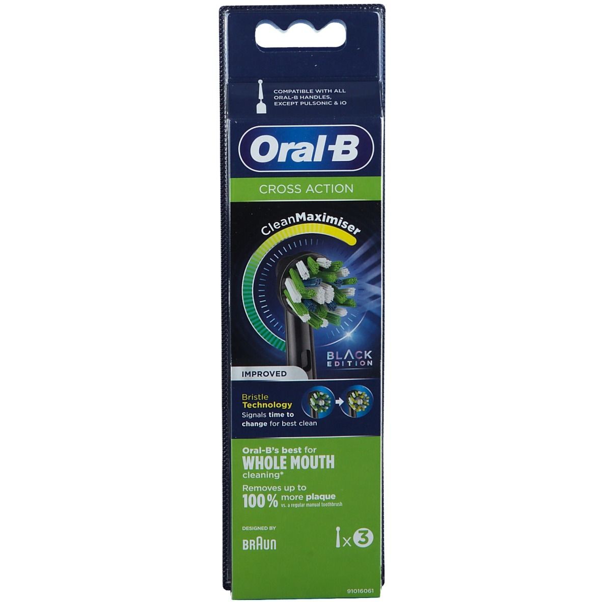 Verpakking Oral-B CrossAction Black Edition opzetborstels. Zwarte en groene borstelharen. "CleanMaximiser" technologie. 1x3 stuks.