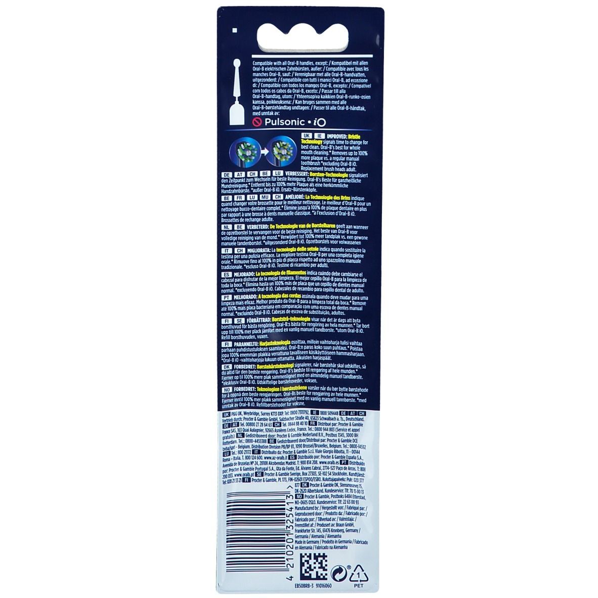 Achterkant van de verpakking van Oral-B CrossAction Black Edition opzetborstels. Tekstinformatie en logo's.