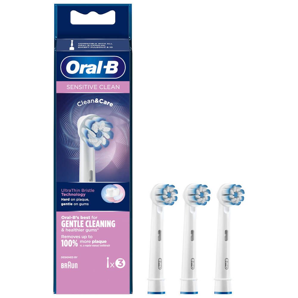 Oral-B Sensitive Clean Aufsteckbürsten, 3 Stück. Blaue und weiße Borsten, Verpackung mit Produktabbildung und Markenlogo.