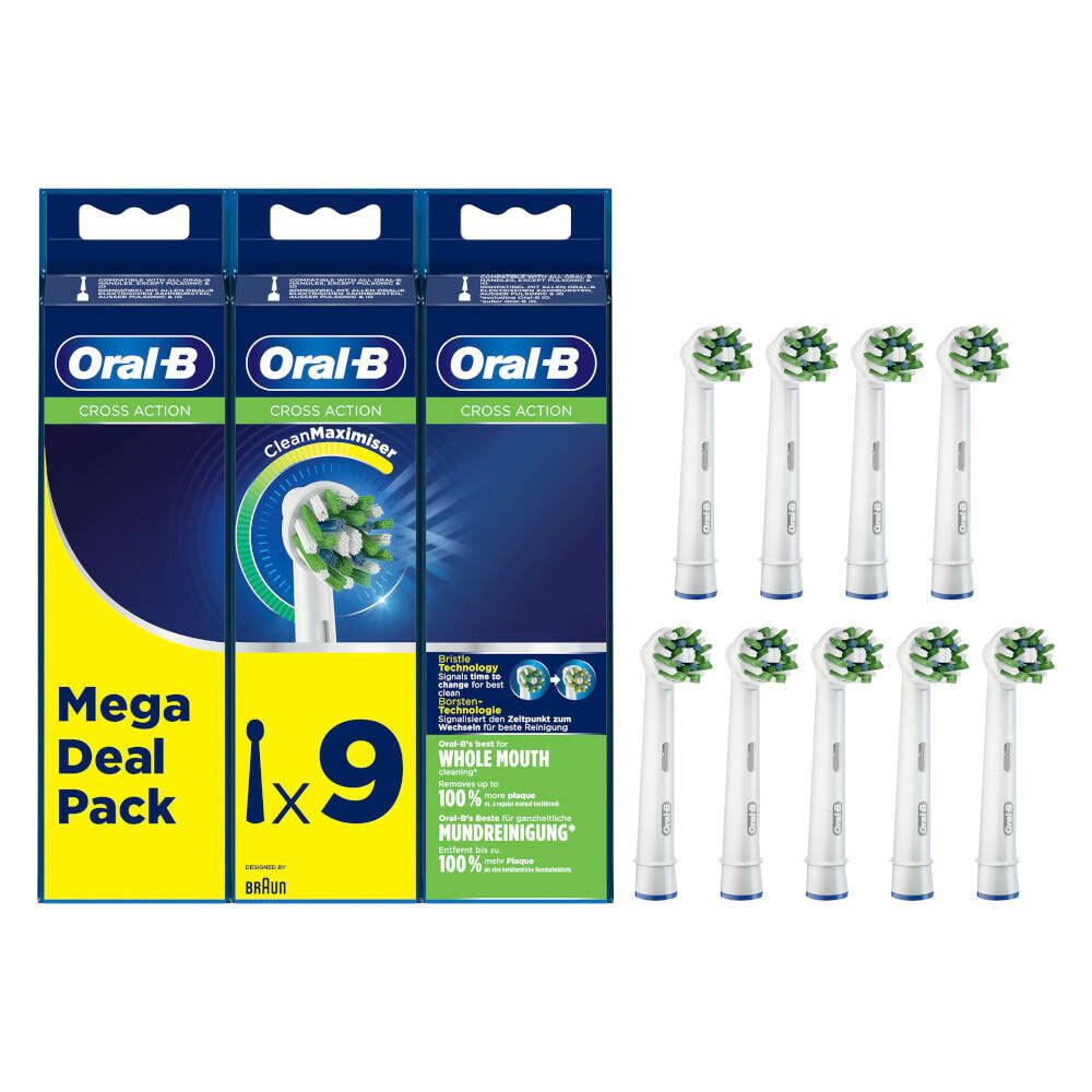 Trois paquets de têtes de brosse Oral-B Cross Action et neuf têtes de brosse individuelles. Emballage avec nom et logo du produit.