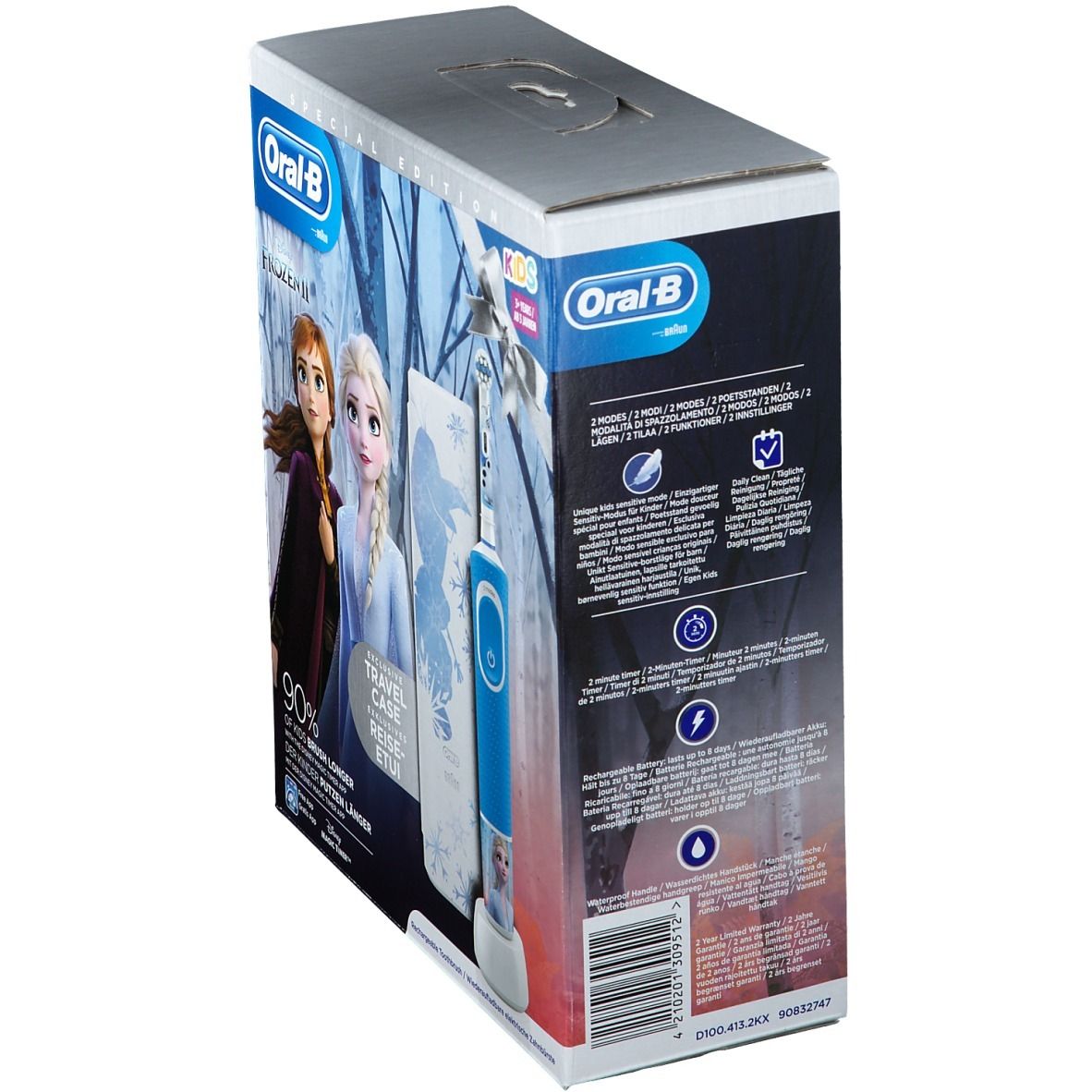 Verpakking elektrische tandenborstel Oral-B Frozen 2. Inclusief reisetui. Achterkant met productinformatie.