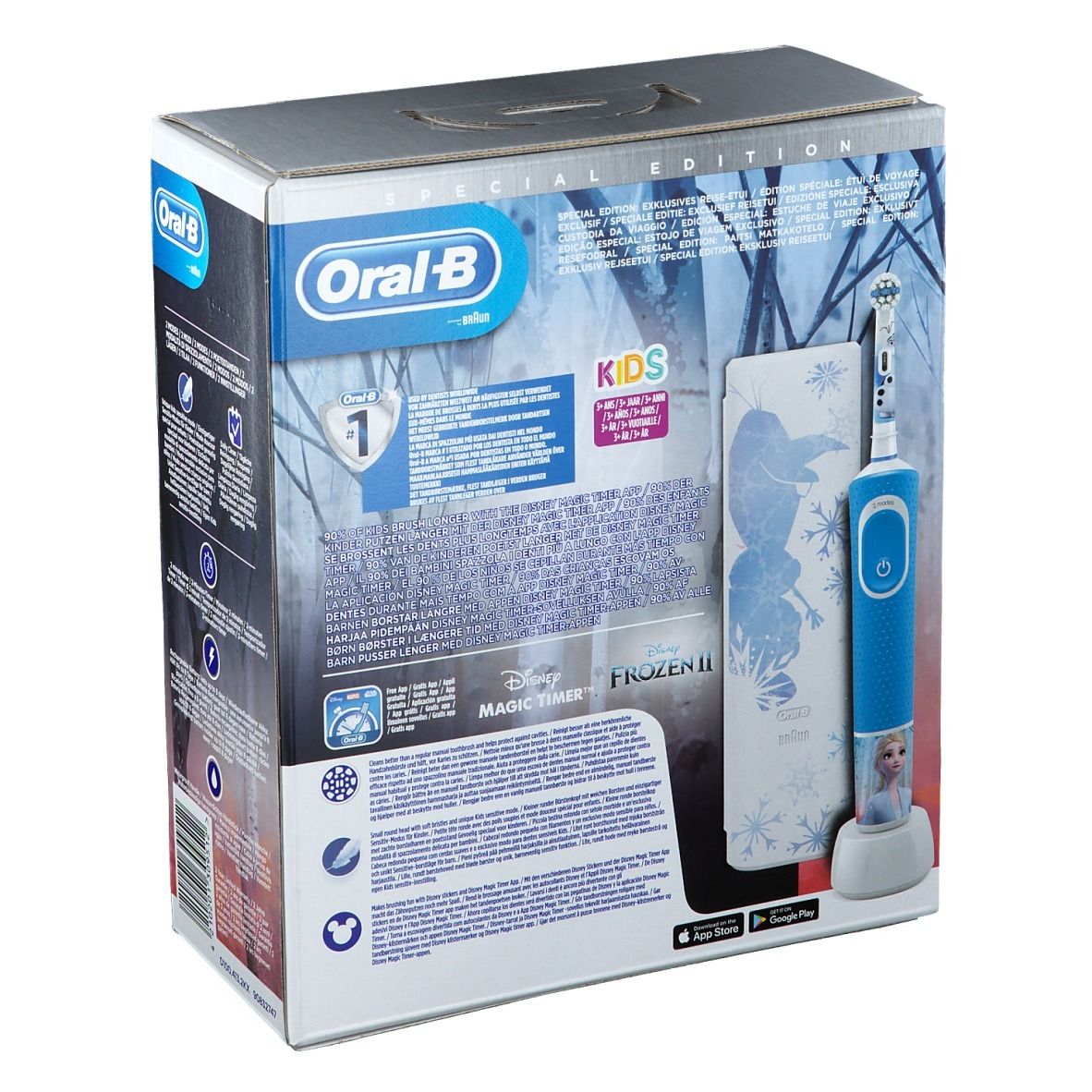 Verpakking elektrische tandenborstel Oral-B Frozen 2. Inclusief reisetui. Achterkant met productinformatie.