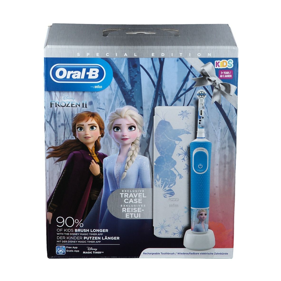Verpakking elektrische tandenborstel Oral-B Frozen 2. Inclusief reisetui. Opschrift: 90% langer poetsen.