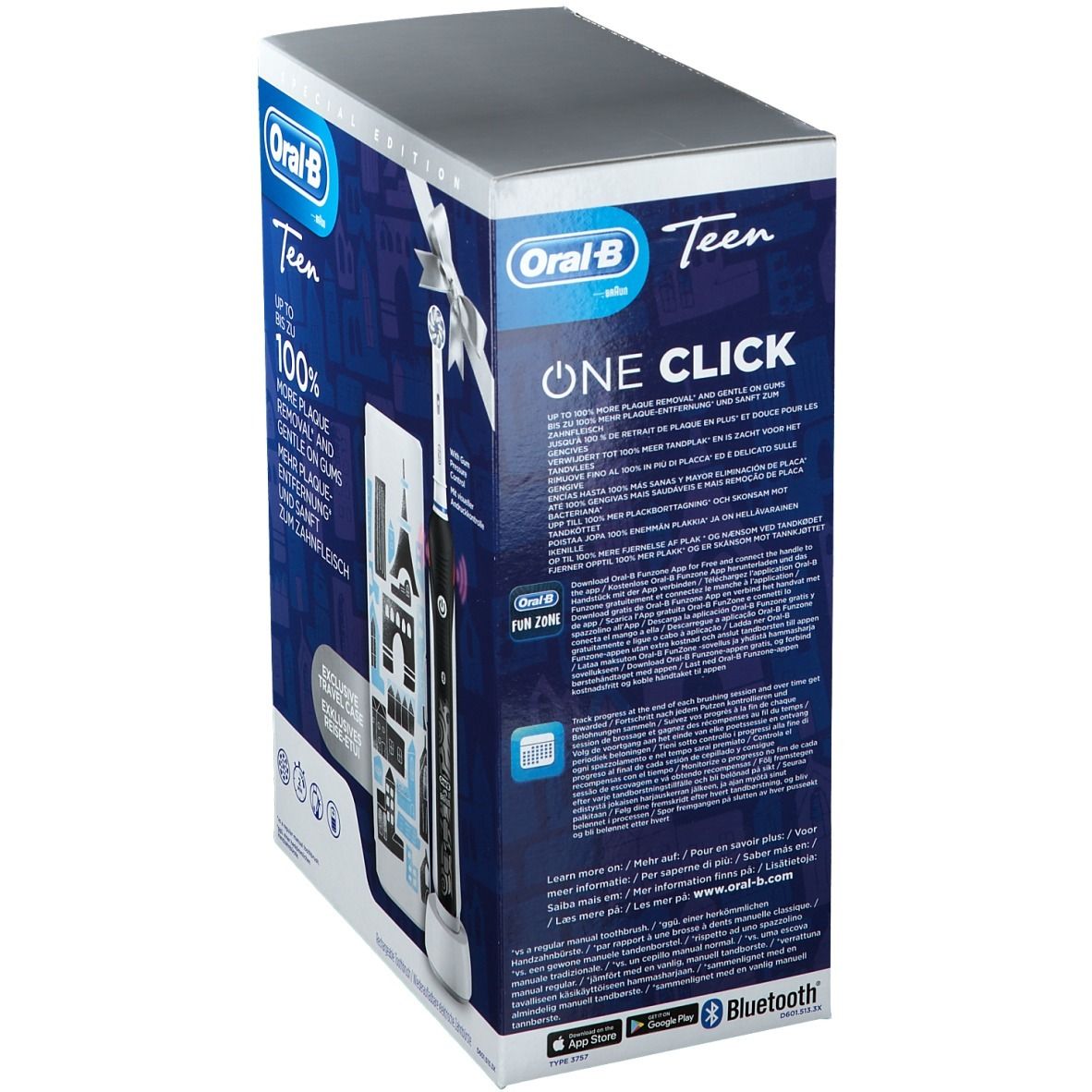 Verpakking van de Oral-B Teen tandenborstel. Tekst: One Click, tot 100% meer plaque verwijdering. Bluetooth-functie.