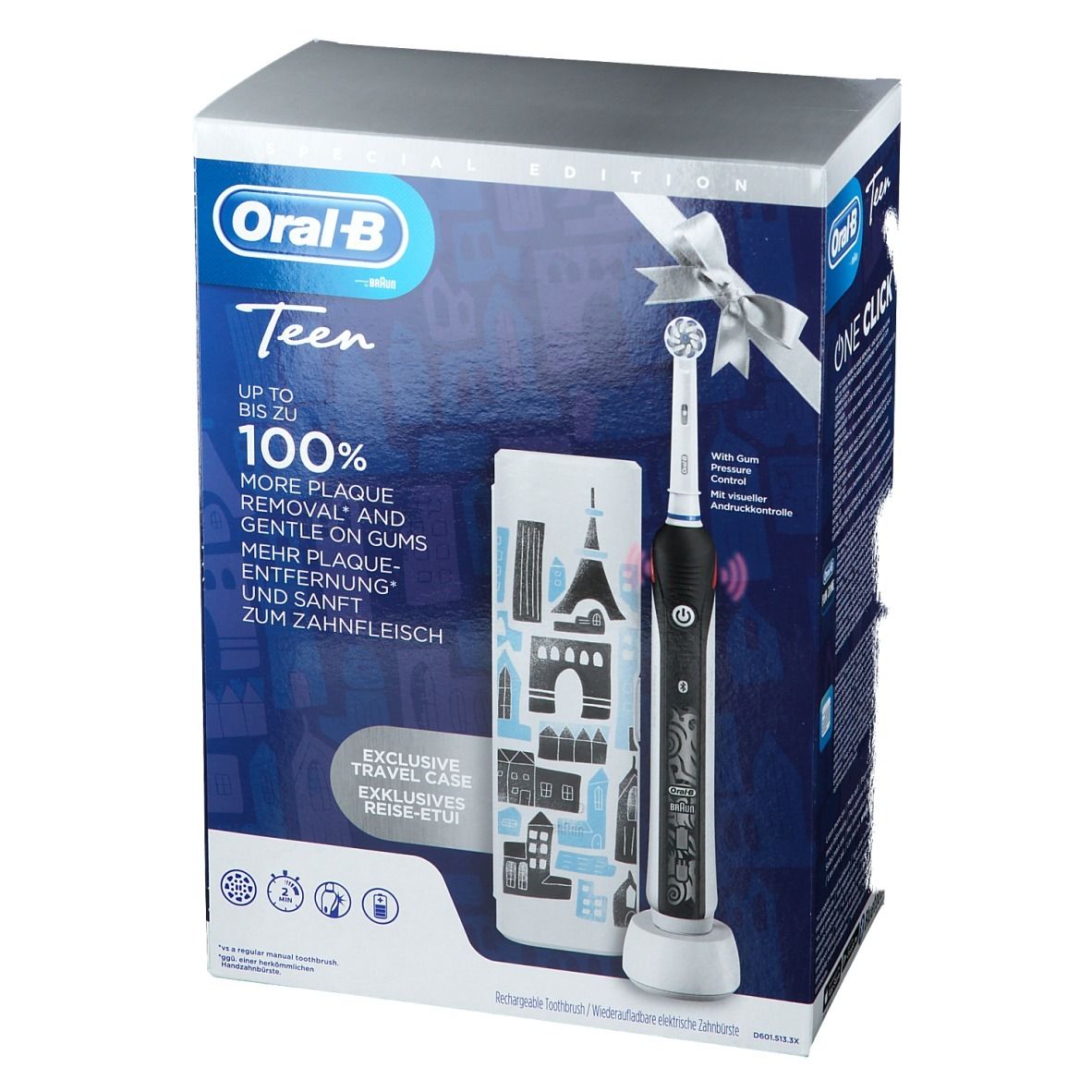 Zwarte Oral-B Teen tandenborstel en reisetui in verpakking. Tot 100% meer plaque verwijdering. Speciale editie.