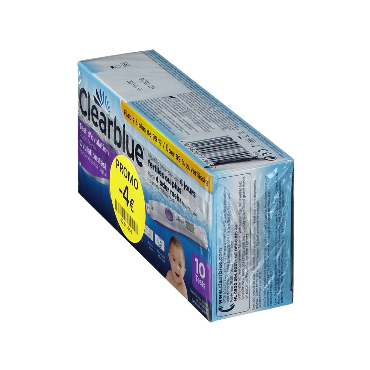 Clearblue ovulatietest verpakking, schuin van boven. Bevat 10 testen. Promo sticker -4€. Tekst op de verpakking.