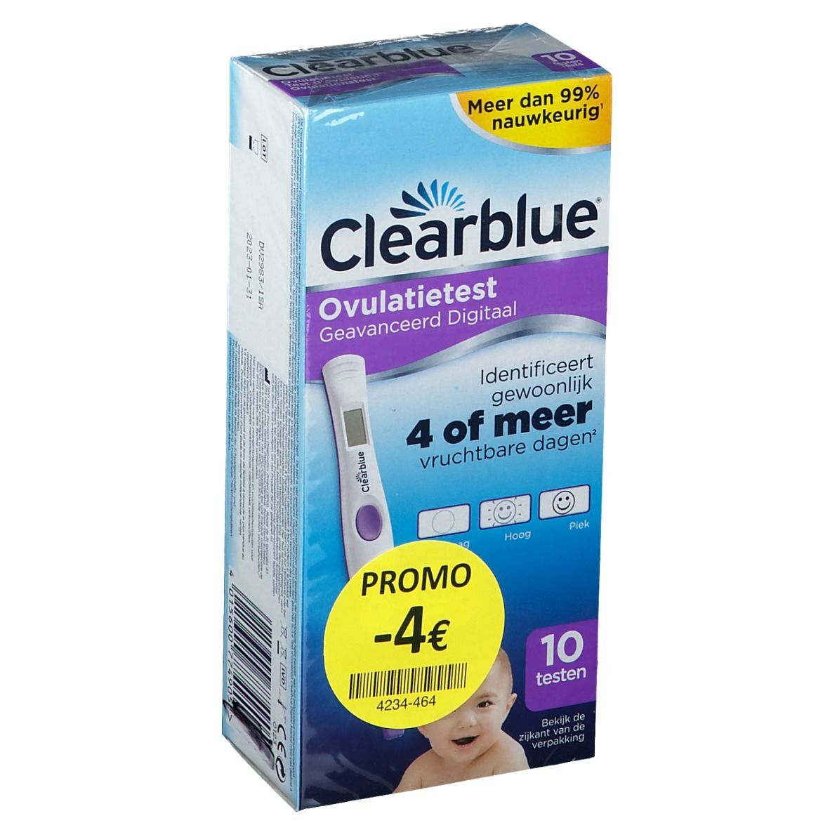 Verpakking Clearblue ovulatietest. Bevat 10 testen. Promo sticker -4€. Tekst: Identificeert 4 of meer vruchtbare dagen.