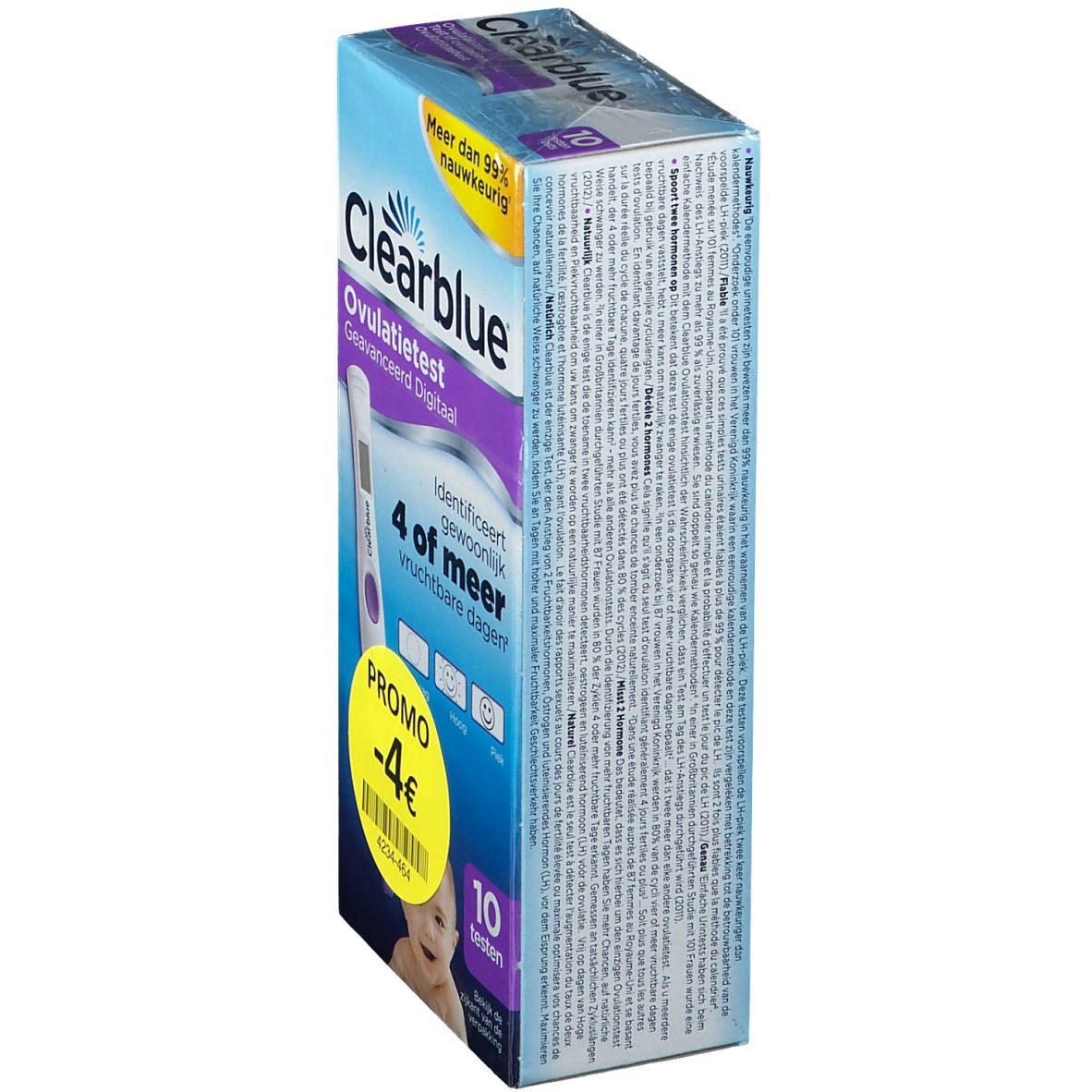 Clearblue ovulatietest verpakking, schuin. Bevat 10 testen. Promo sticker -4€. Tekst op de verpakking.