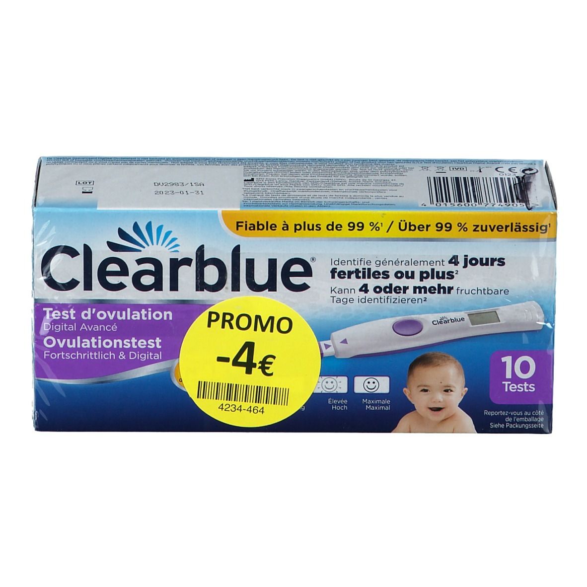 Verpakking Clearblue ovulatietest. Bevat 10 testen. Promo sticker -4€. Tekst: Betrouwbaar tot meer dan 99%.