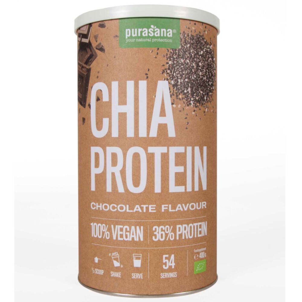 Zylinderdose mit Chia Protein Schokolade. Aufschrift: Chia Protein, 100% Vegan, 36% Protein, 54 Portionen.