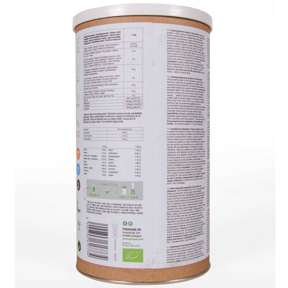 Rückseite einer Chia Protein Dose. Enthält Nährwertangaben, Zutatenliste und weitere Informationen in mehreren Sprachen.
