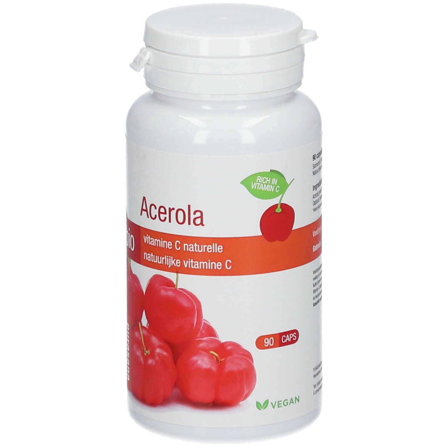 Witte fles met acerola capsules. Opschrift: Acerola Bio, vitamine C. 90 capsules. Vegan keurmerk.