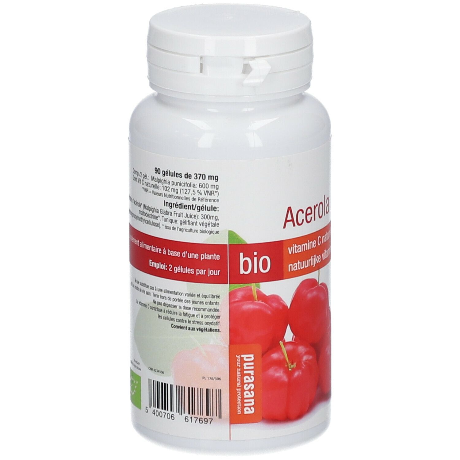 Achterkant fles met acerola capsules. Ingrediëntenlijst, dosering. Bio keurmerk. Vegan keurmerk. Barcode.