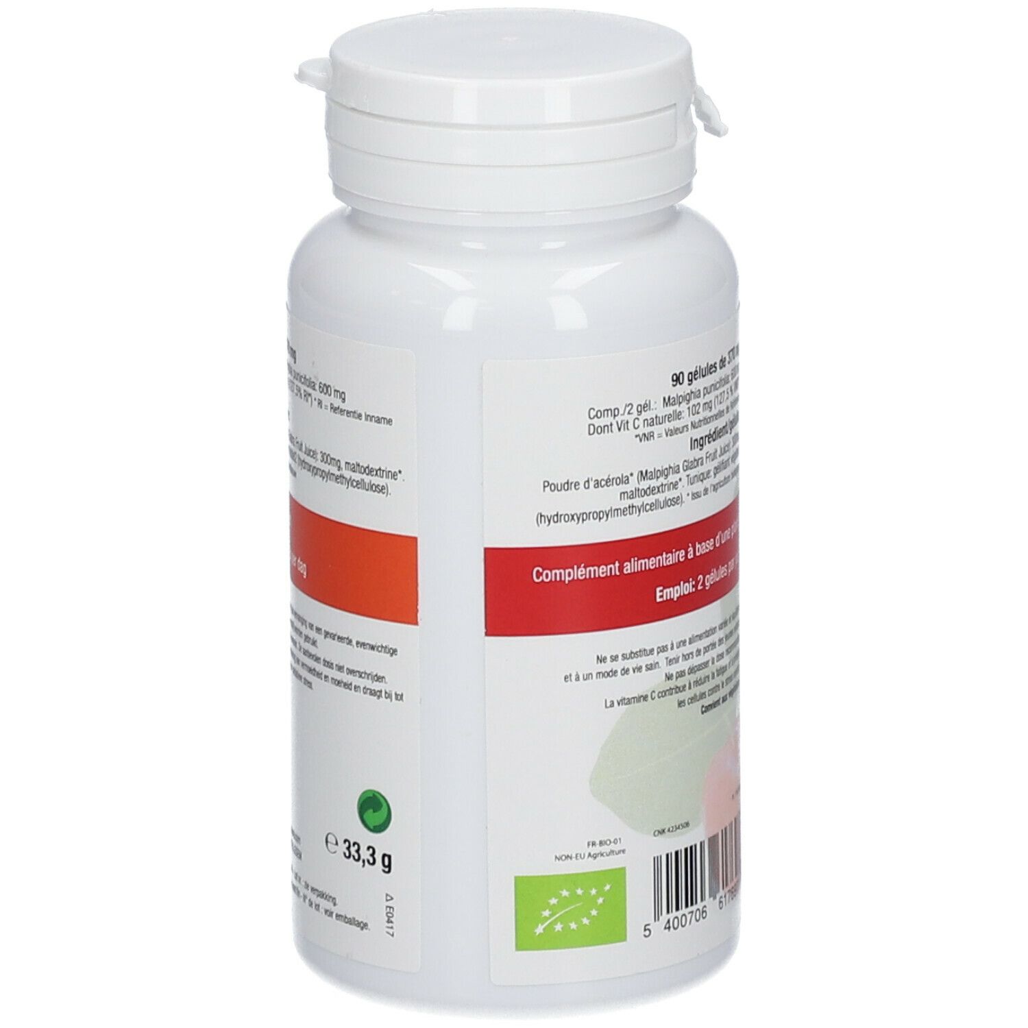 Achterkant fles met acerola capsules. Ingrediëntenlijst, dosering. Bio keurmerk. Vegan keurmerk. Barcode.