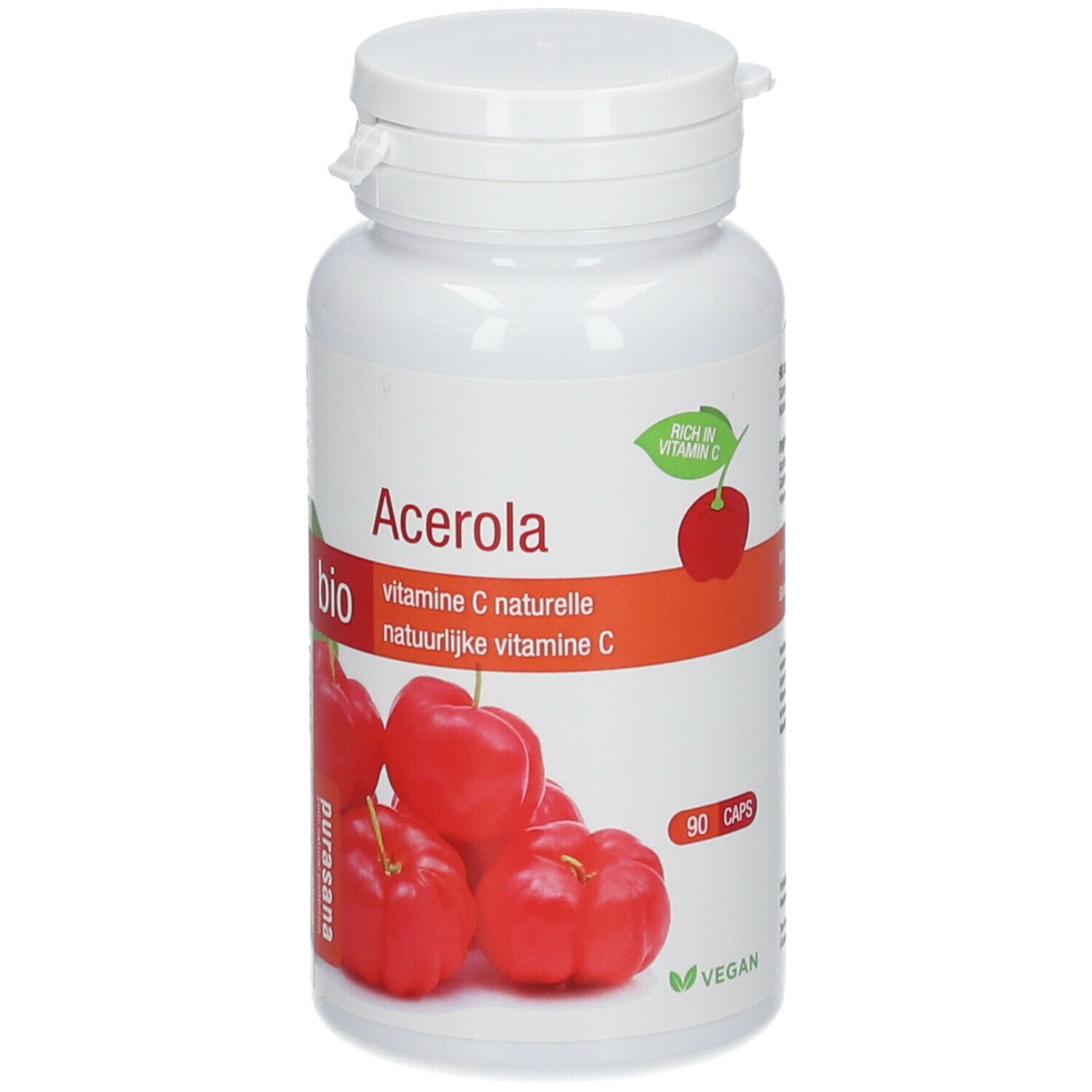 Witte fles met acerola capsules. Opschrift: Acerola Bio, vitamine C. 90 capsules. Vegan keurmerk.