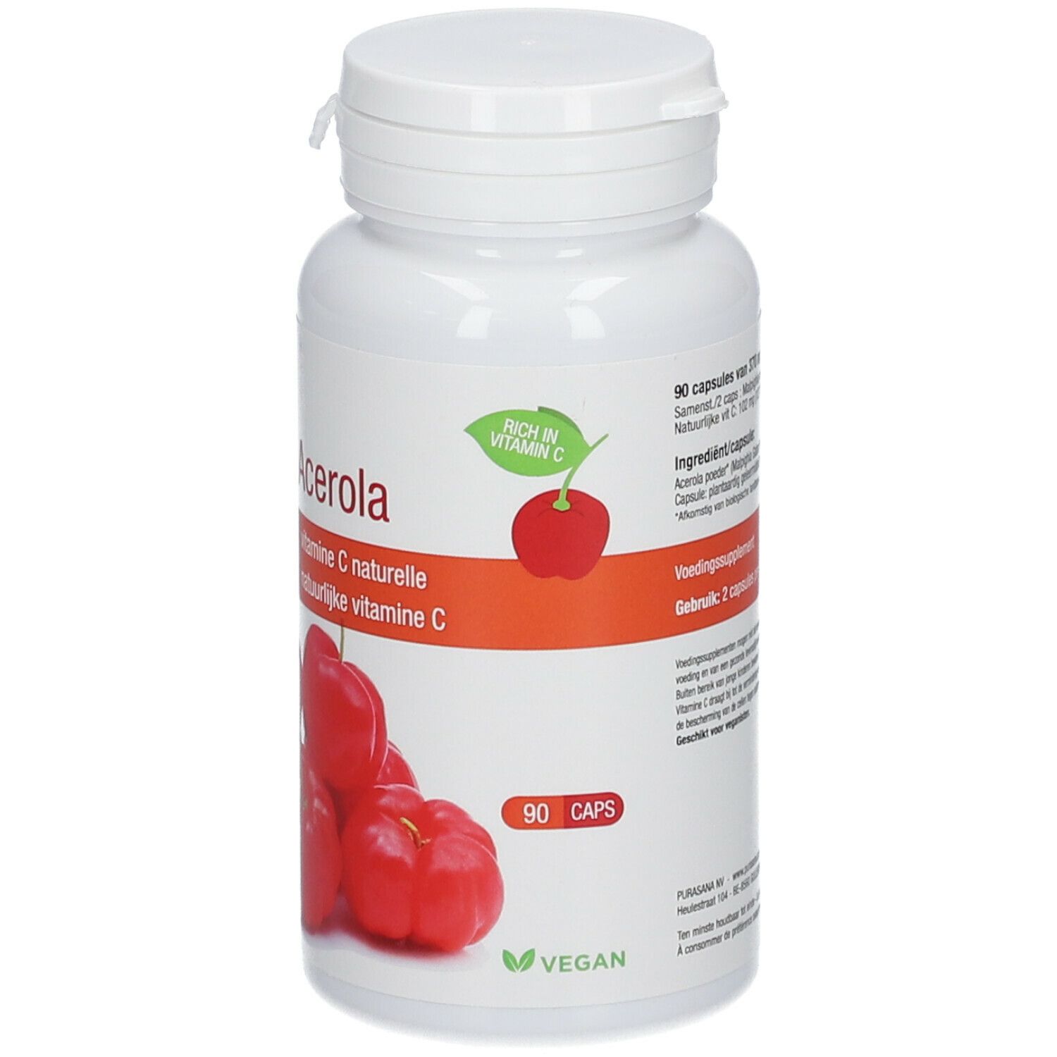 Witte fles met acerola capsules. Opschrift: Acerola Bio, vitamine C. 90 capsules. Vegan keurmerk.