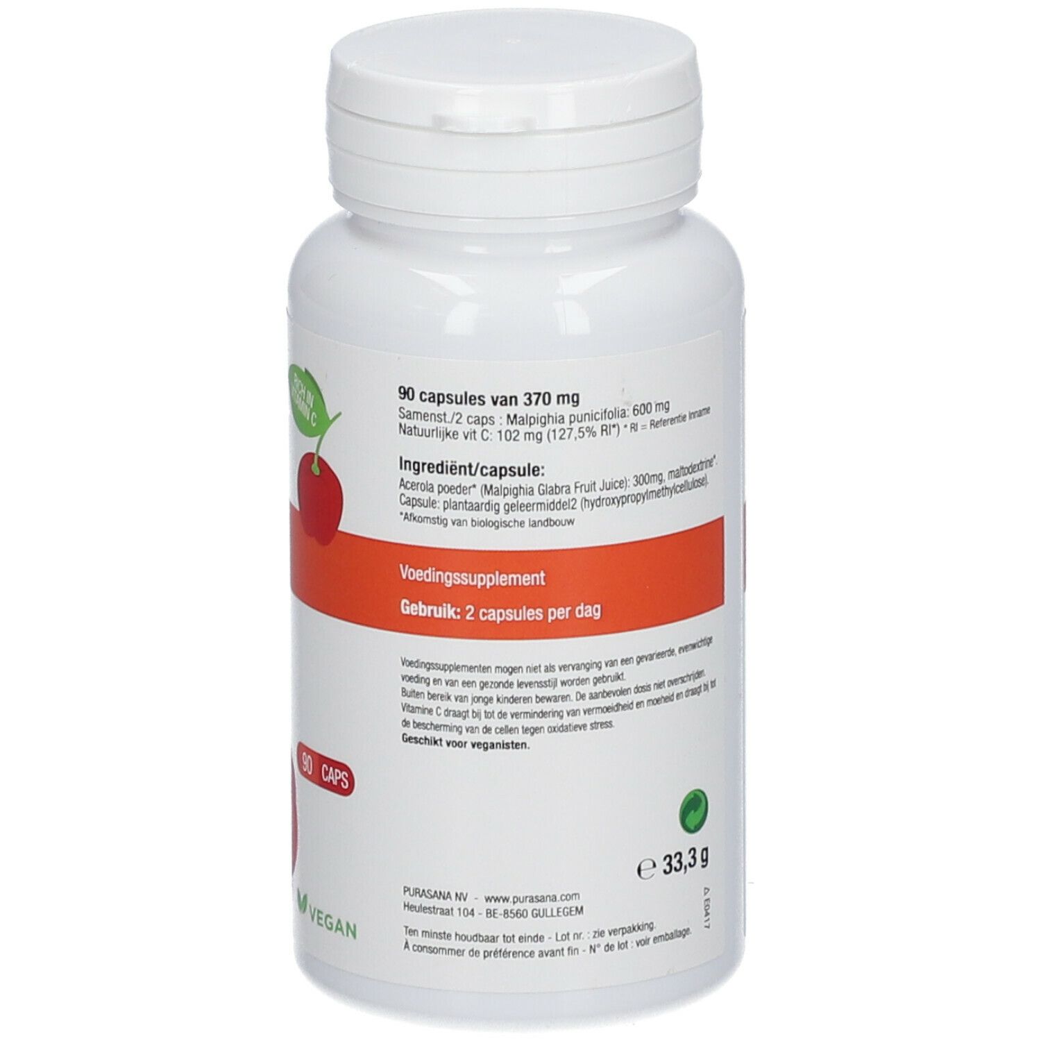 Achterkant fles met acerola capsules. Ingrediëntenlijst, dosering. Bio keurmerk. Vegan keurmerk. Barcode.