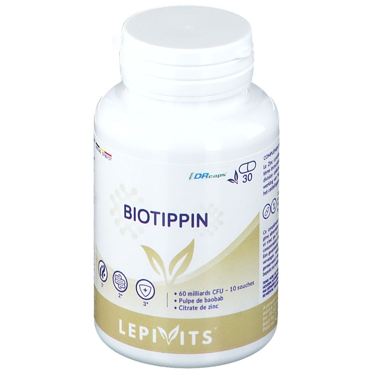 Witte fles met "BIOTIPPIN" en "LEPIVITS". Bevat 30 capsules. Opschrift: 60 miljard CFU - 10 stammen, baobab pulp, zinkcitraat.
