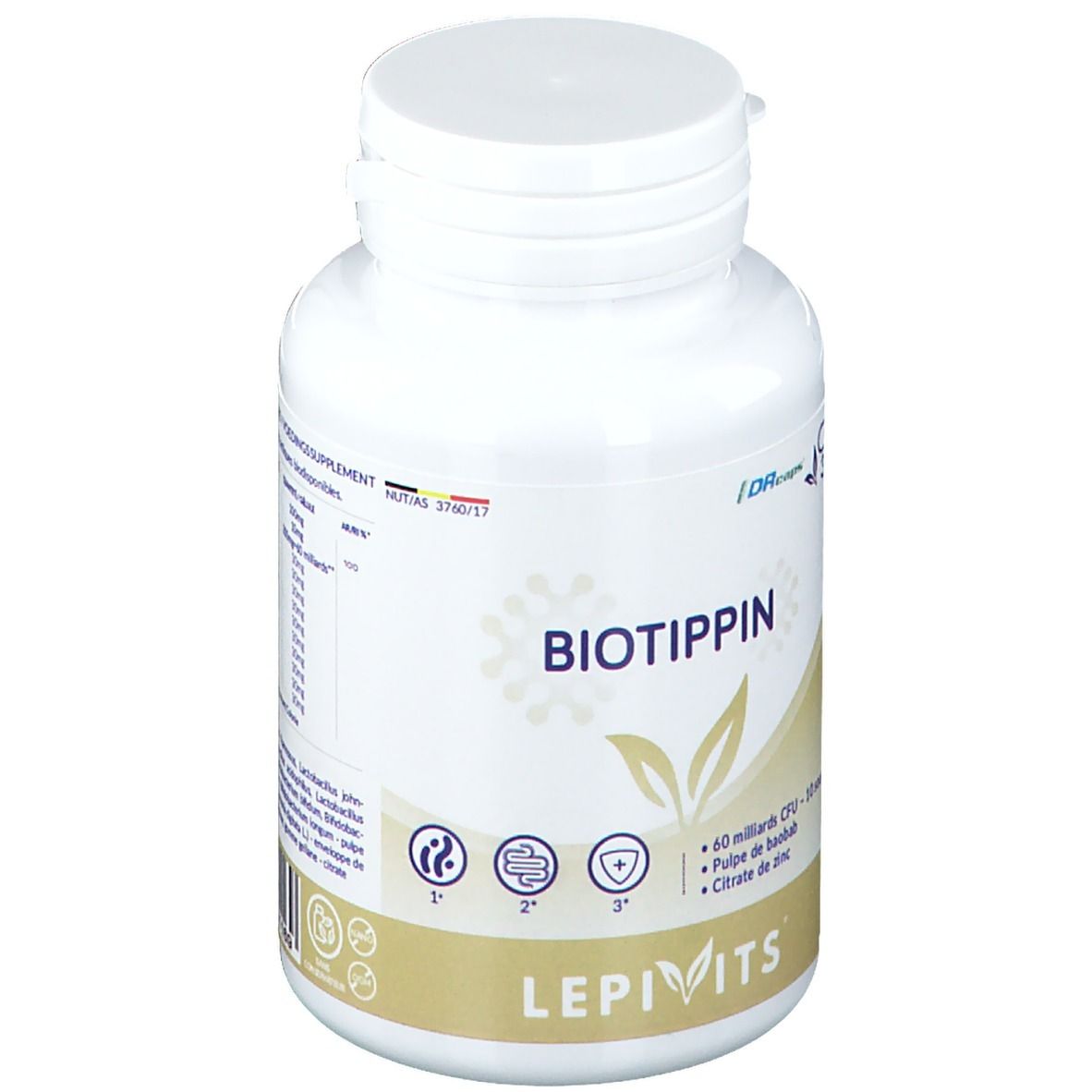 Witte fles met "BIOTIPPIN" en "LEPIVITS". Bevat 30 capsules. Opschrift: 60 miljard CFU - 10 stammen, baobab pulp, zinkcitraat.