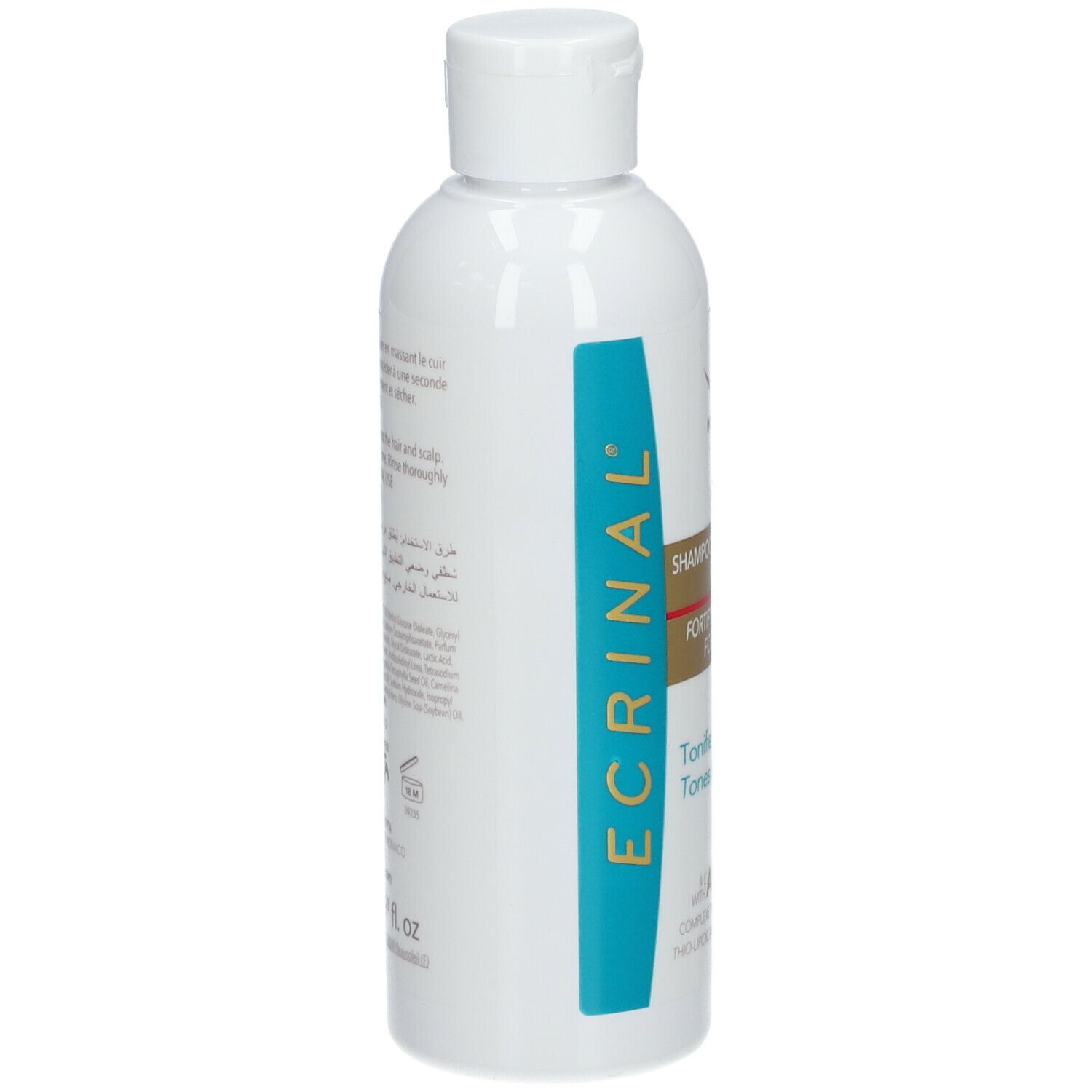 Witte shampoo fles. Opschrift: ECRINAL. Etiket met productinfo en ingrediënten.
