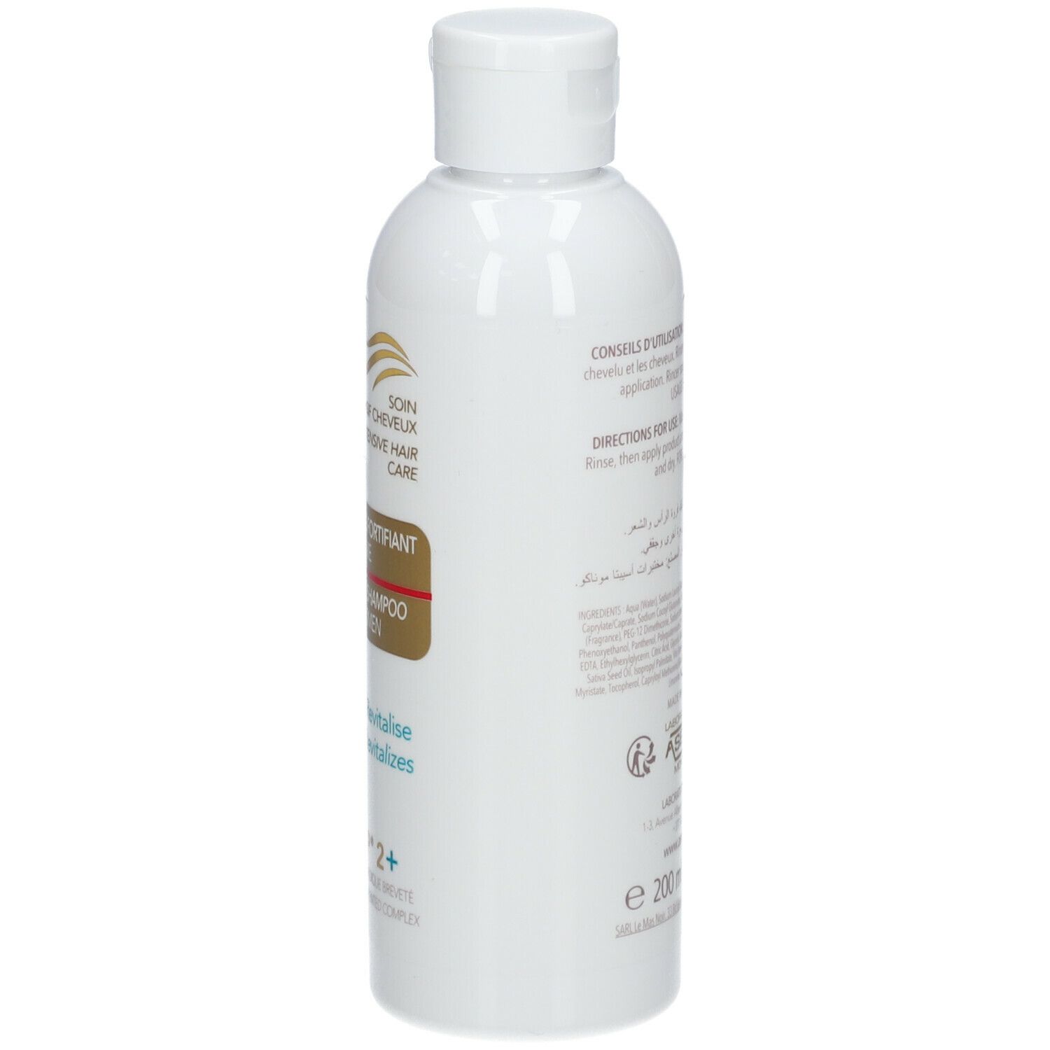 Witte shampoo fles. Opschrift: ECRINAL, Shampooing Fortifiant Femme, ANP 2+.