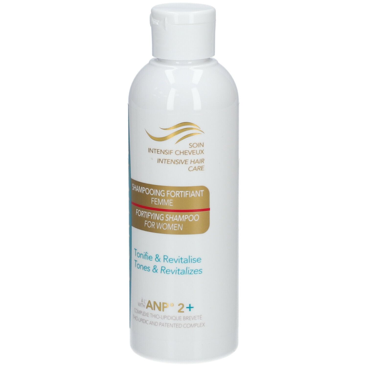 Witte shampoo fles. Opschrift: ECRINAL, Shampooing Fortifiant Femme, ANP 2+.