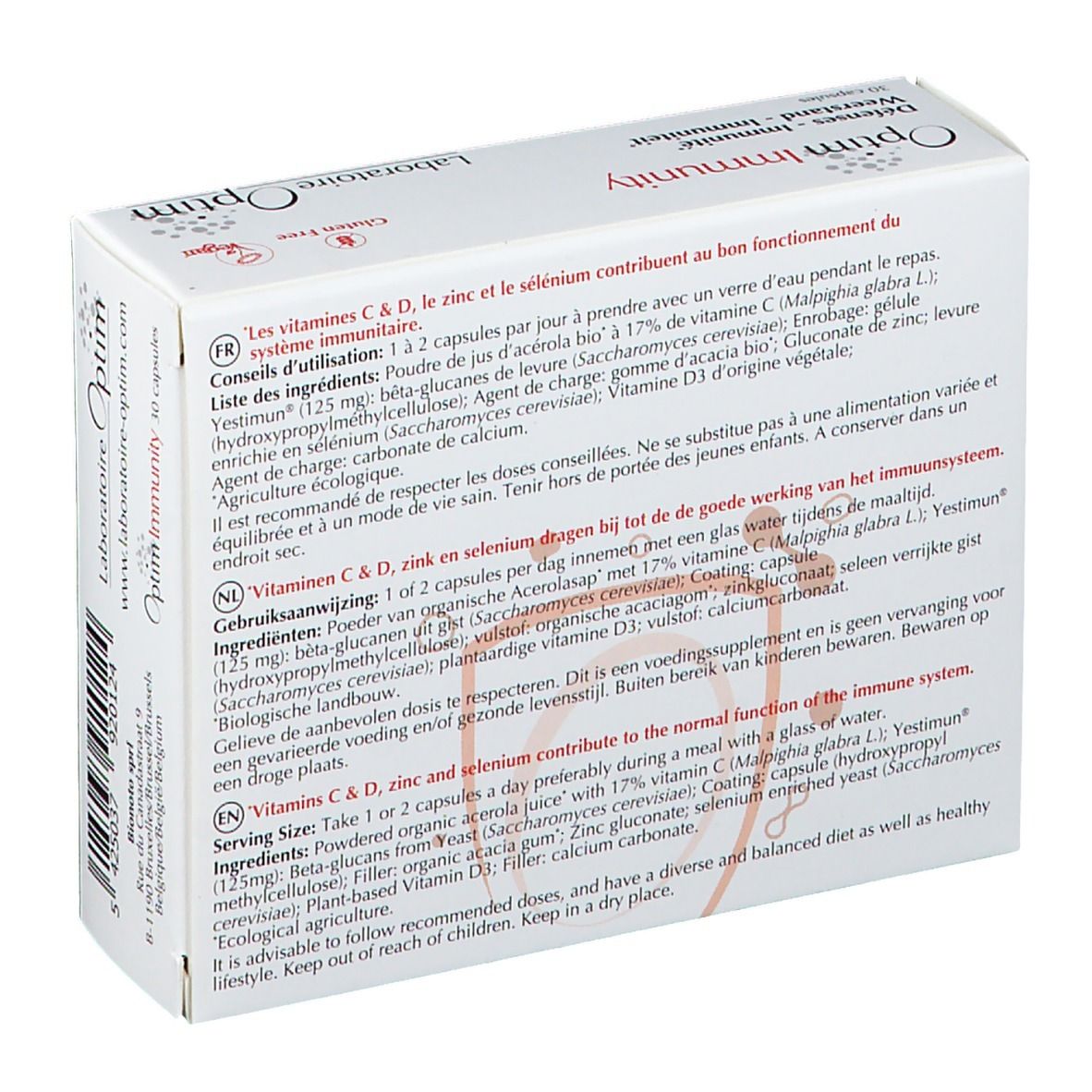 Achterkant van de doos "Optim Immunity". Tekst in meerdere talen. Ingrediënten en gebruiksaanwijzing.