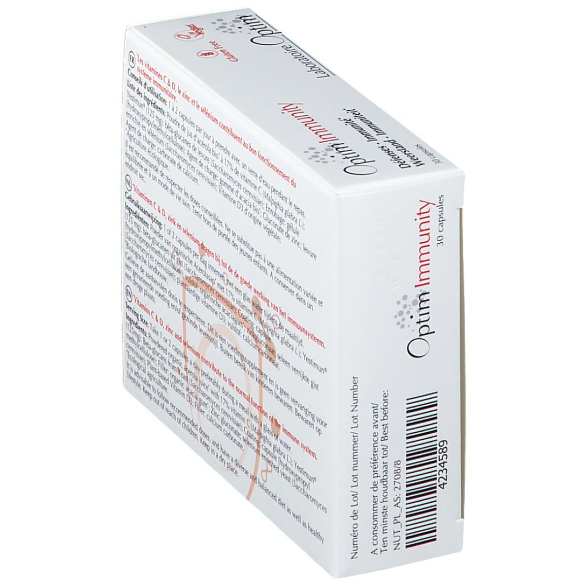 Schuine weergave van de doos "Optim Immunity". Achterkant met tekst. Lotnummer en houdbaarheidsdatum.