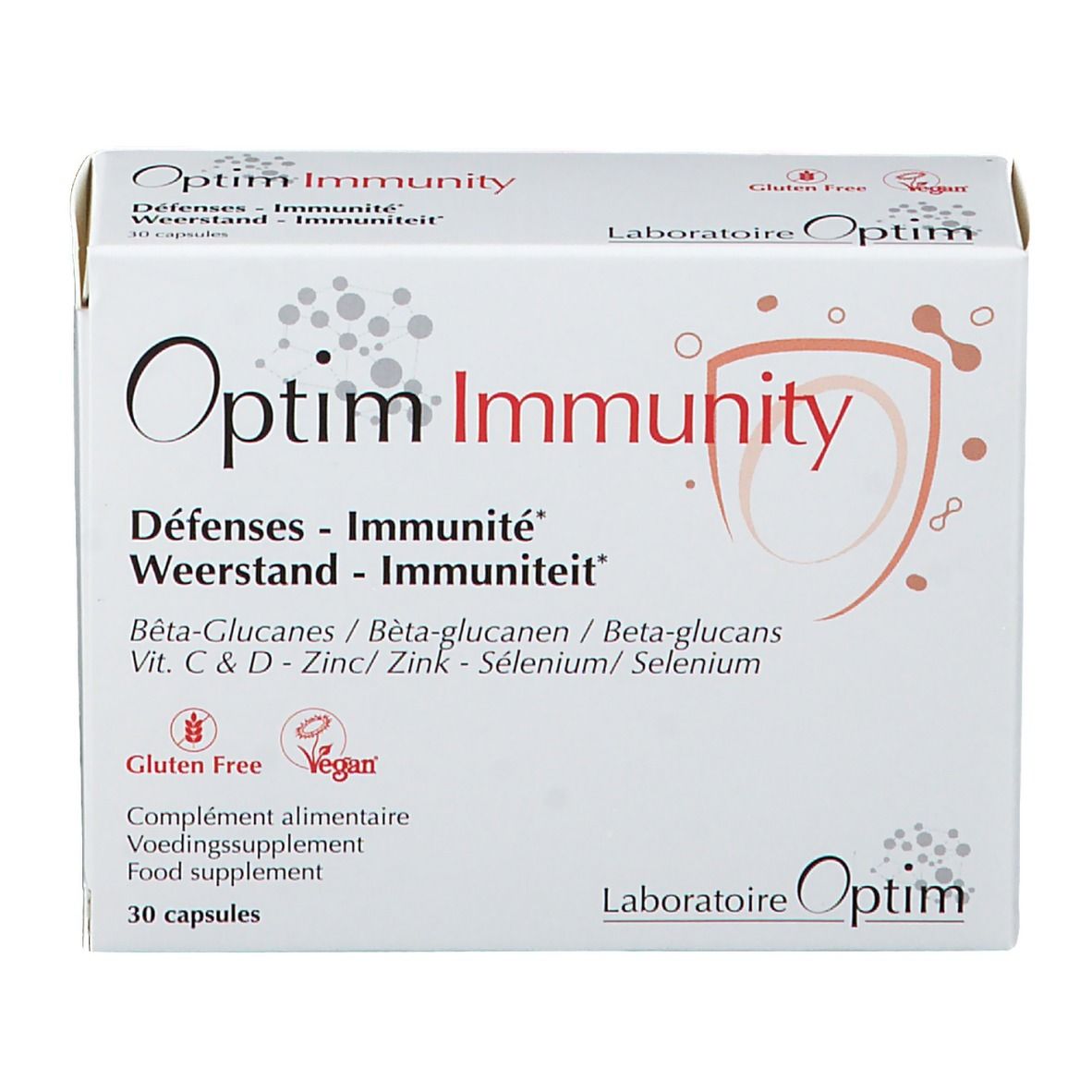 Witte doos "Optim Immunity". Logo en productnaam. Glutenvrij en veganistisch. 30 capsules.