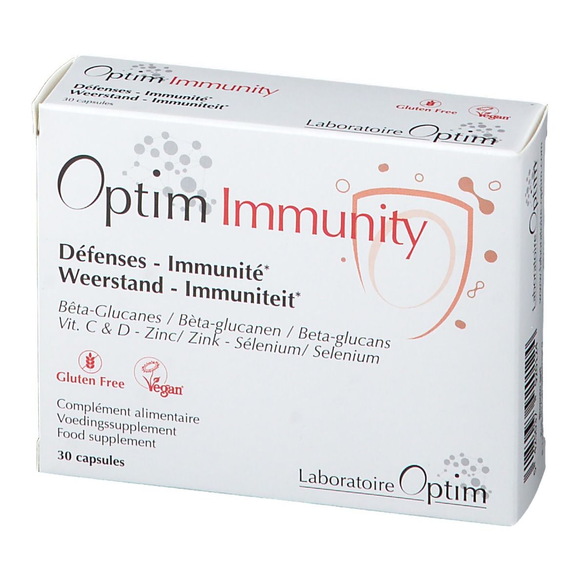 Witte doos "Optim Immunity". Logo en productnaam. Glutenvrij en veganistisch. 30 capsules.