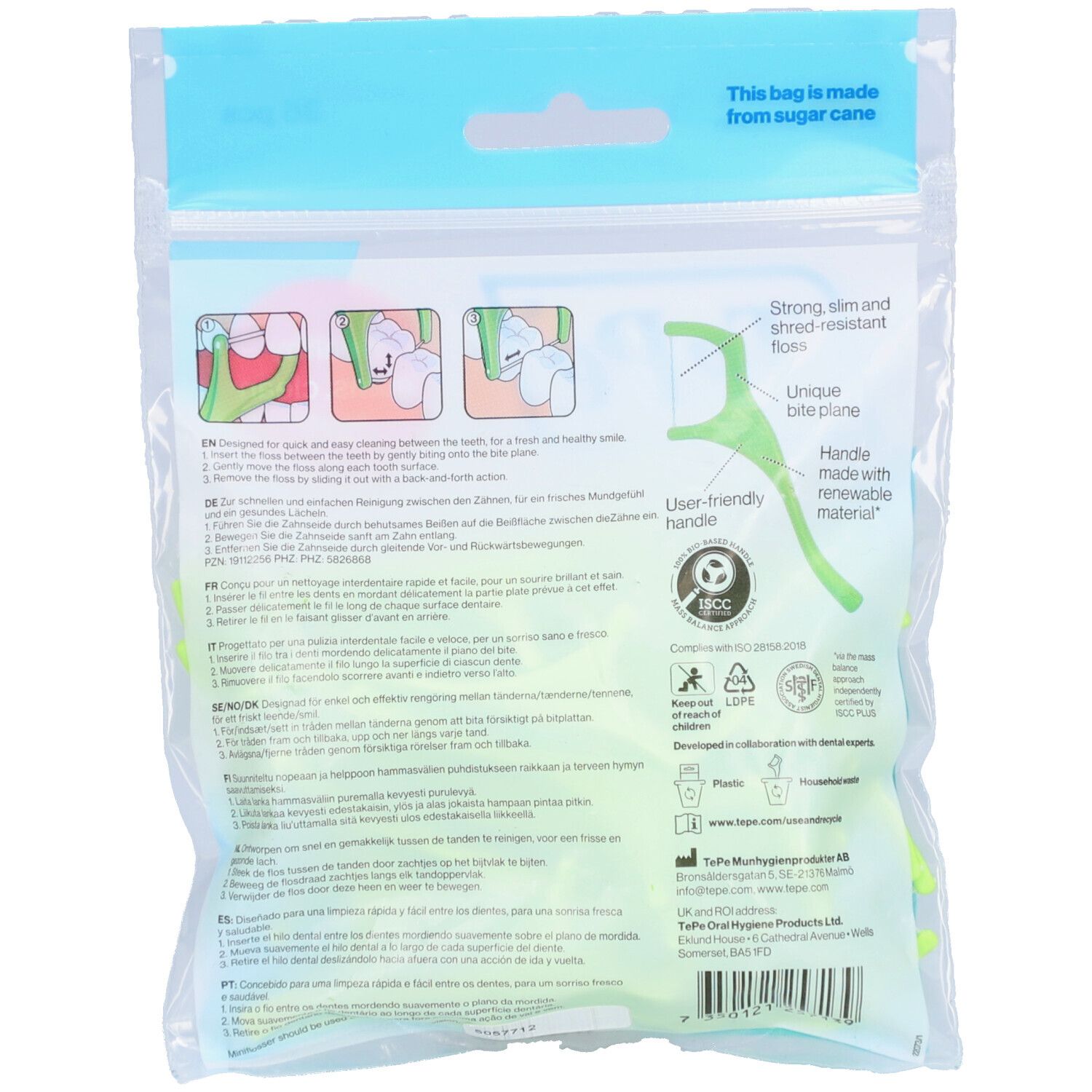 Dos du paquet de Mini Flosser TePe verts. Illustrations d'utilisation. Texte : "Strong, slim and shred-resistant floss".