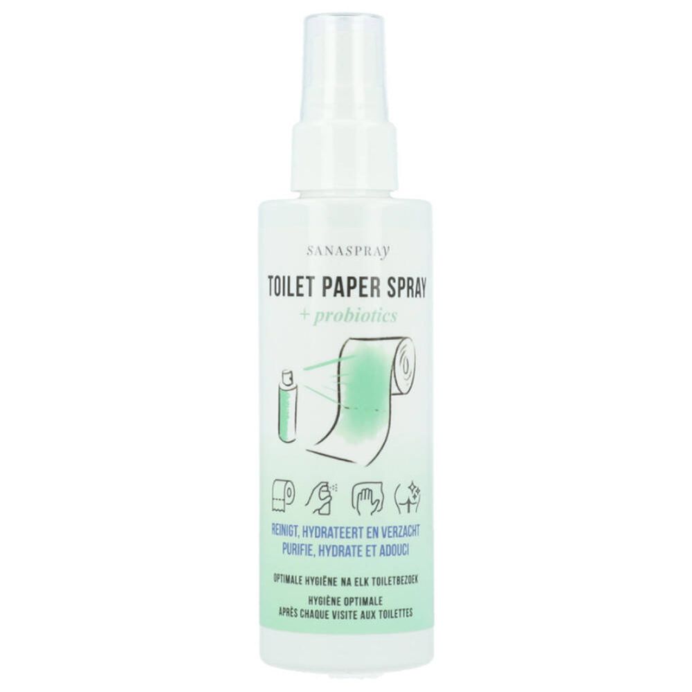 Weißes Spray mit Aufschrift 'Sanaspray Toilet Paper Spray + probiotics'. Illustration von Toilettenpapier und Spray.