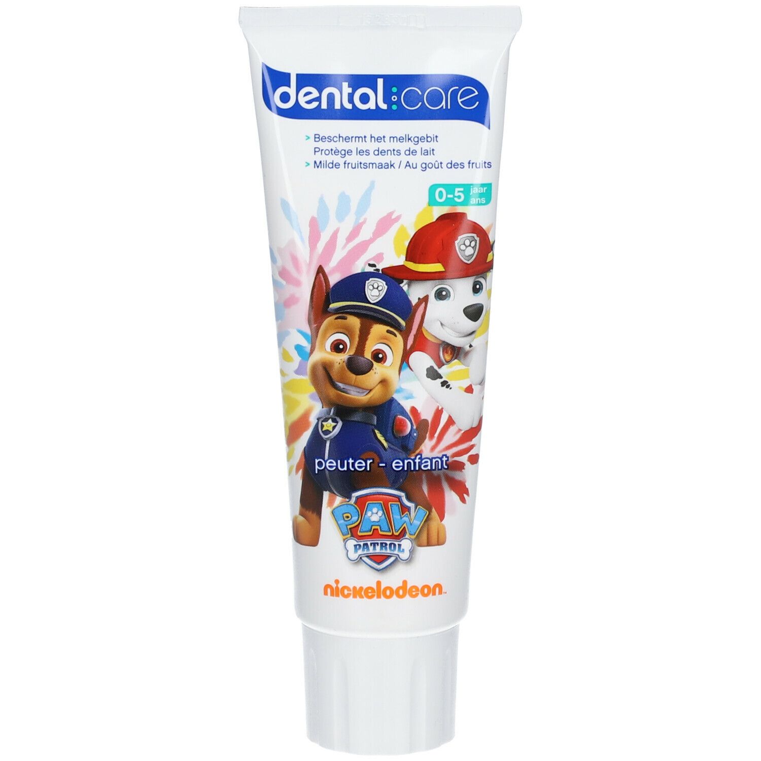 Tandpastatube met Paw Patrol-figuren. Opschrift 'dental care' en '0-5 jaar'.