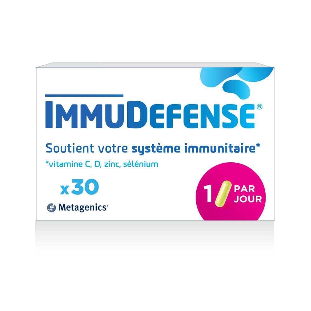 Boîte ImmuDefense. 30 gélules. Vitamine C, D, Zinc, Sélénium. 1 gélule par jour. Metagenics.
