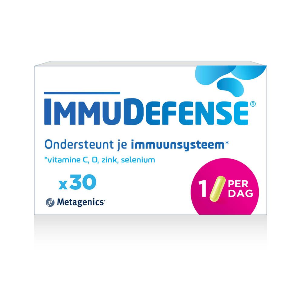 Verpakking ImmuDefense. 30 capsules. Vitamine C, D, Zink, Selenium. 1 per dag. Metagenics.