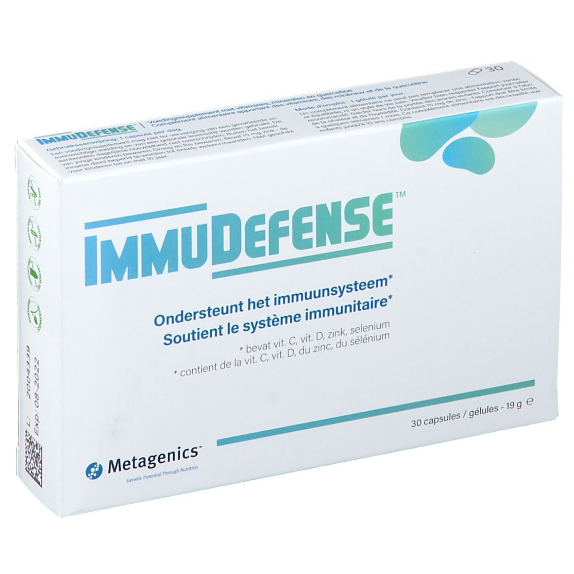 Doos ImmuDefense. Bevat 30 capsules. Bevat Vitamine C, D, Zink en Selenium. Merk Metagenics.