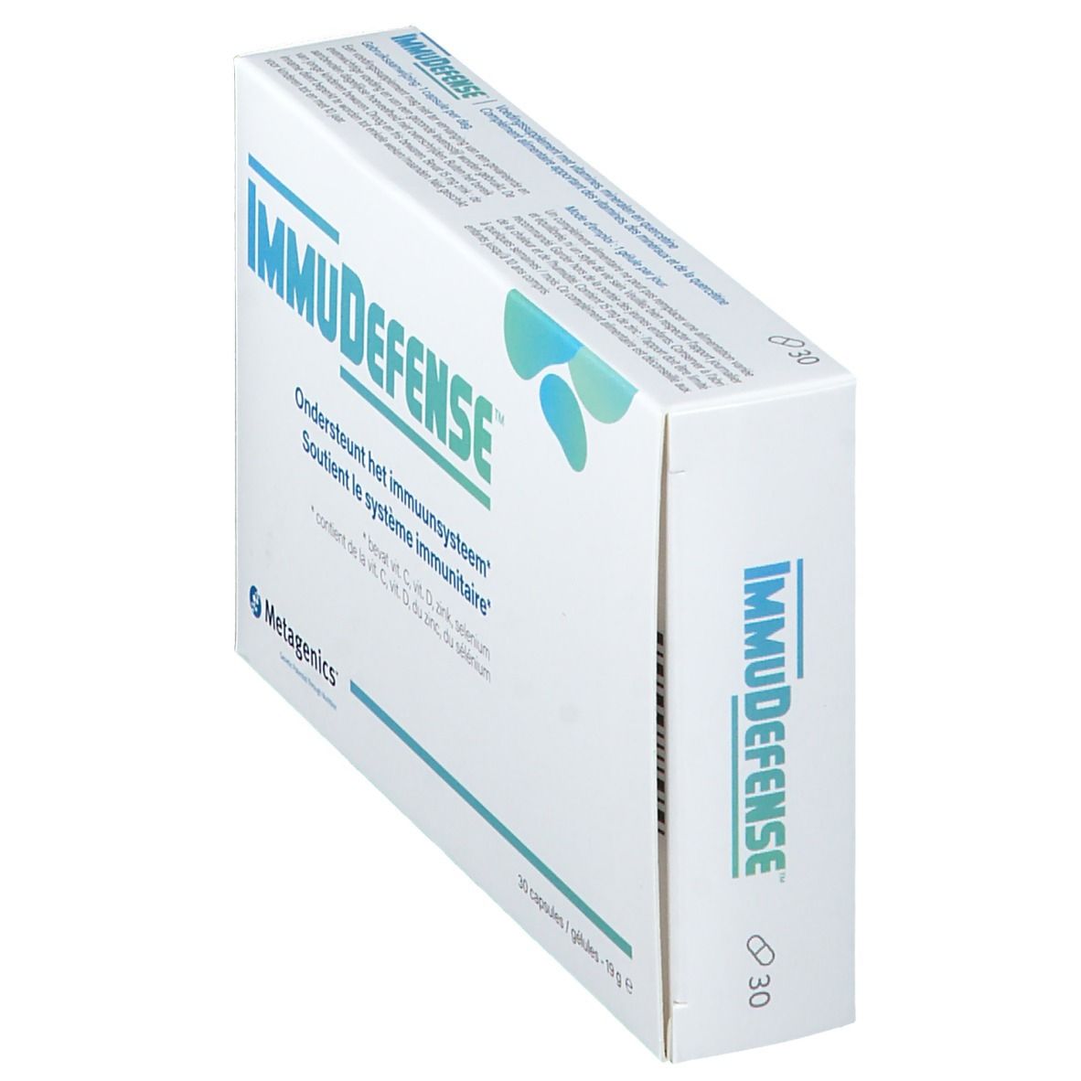 Schuine doos ImmuDefense. Bevat 30 capsules. Merk Metagenics. Bevat Vitamine C, D, Zink en Selenium.