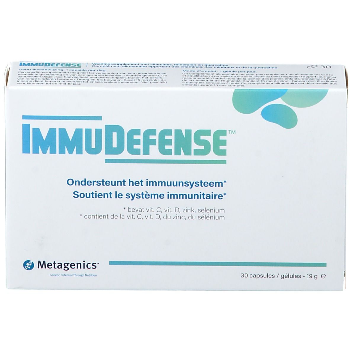 Doos ImmuDefense. Bevat 30 capsules. Bevat Vitamine C, D, Zink en Selenium. Merk Metagenics.