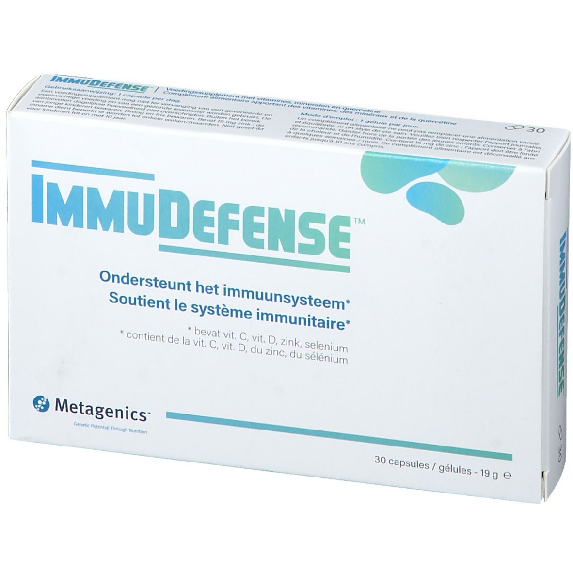 Doos ImmuDefense. Bevat 30 capsules. Bevat Vitamine C, D, Zink en Selenium. Merk Metagenics.