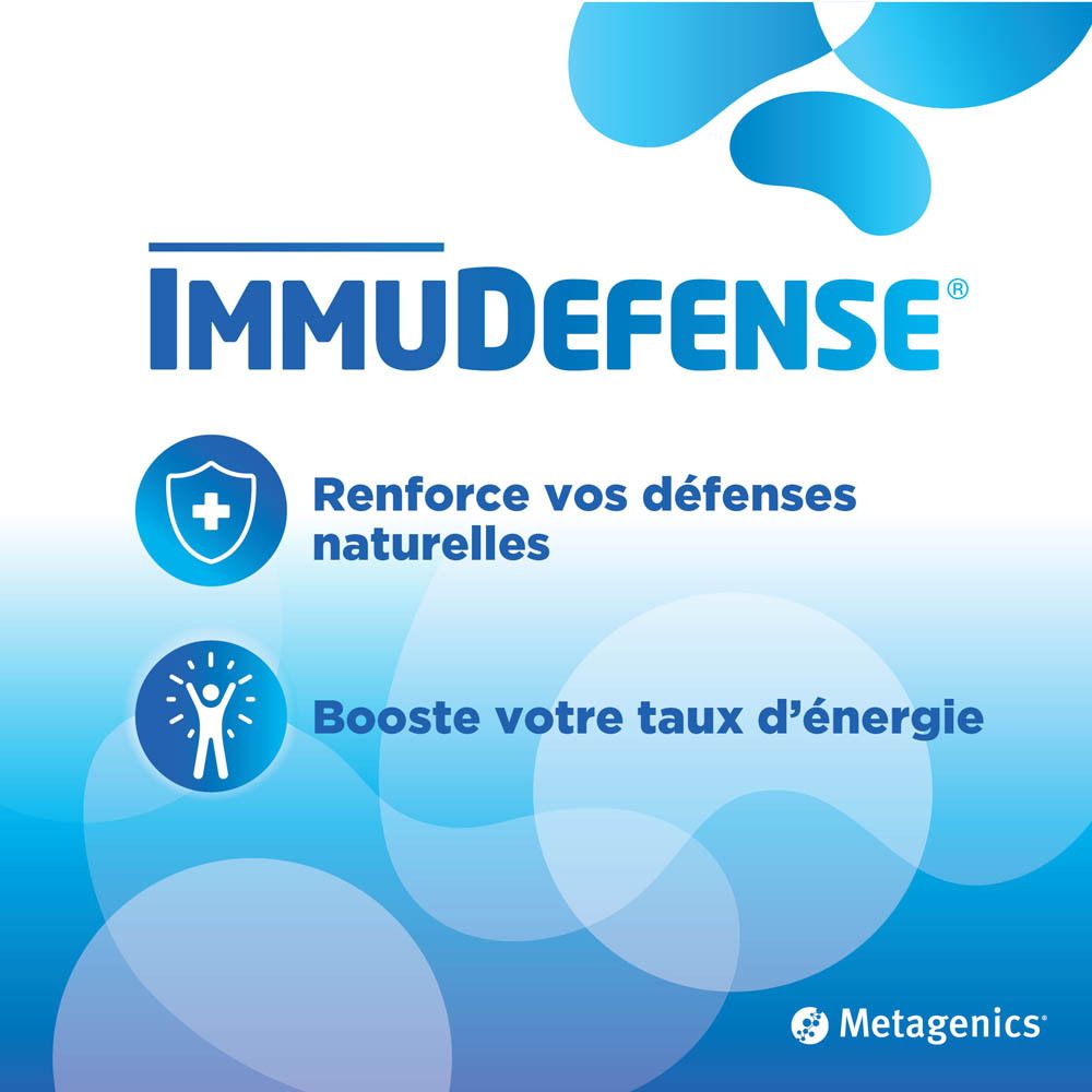 Logo ImmuDefense. Renforce les défenses naturelles. Augmente le niveau d'énergie. Metagenics.