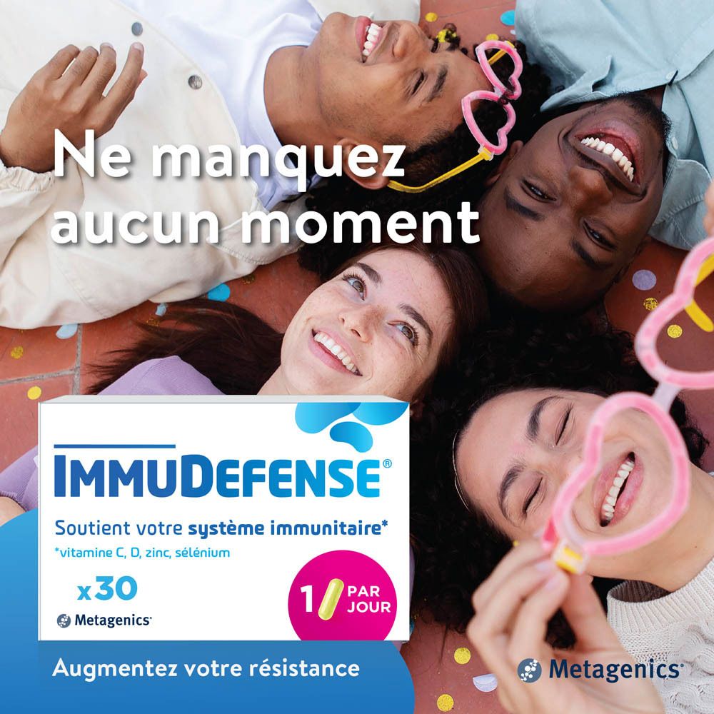 Personnes au sol. Boîte ImmuDefense. 30 gélules. 1 par jour. Metagenics.