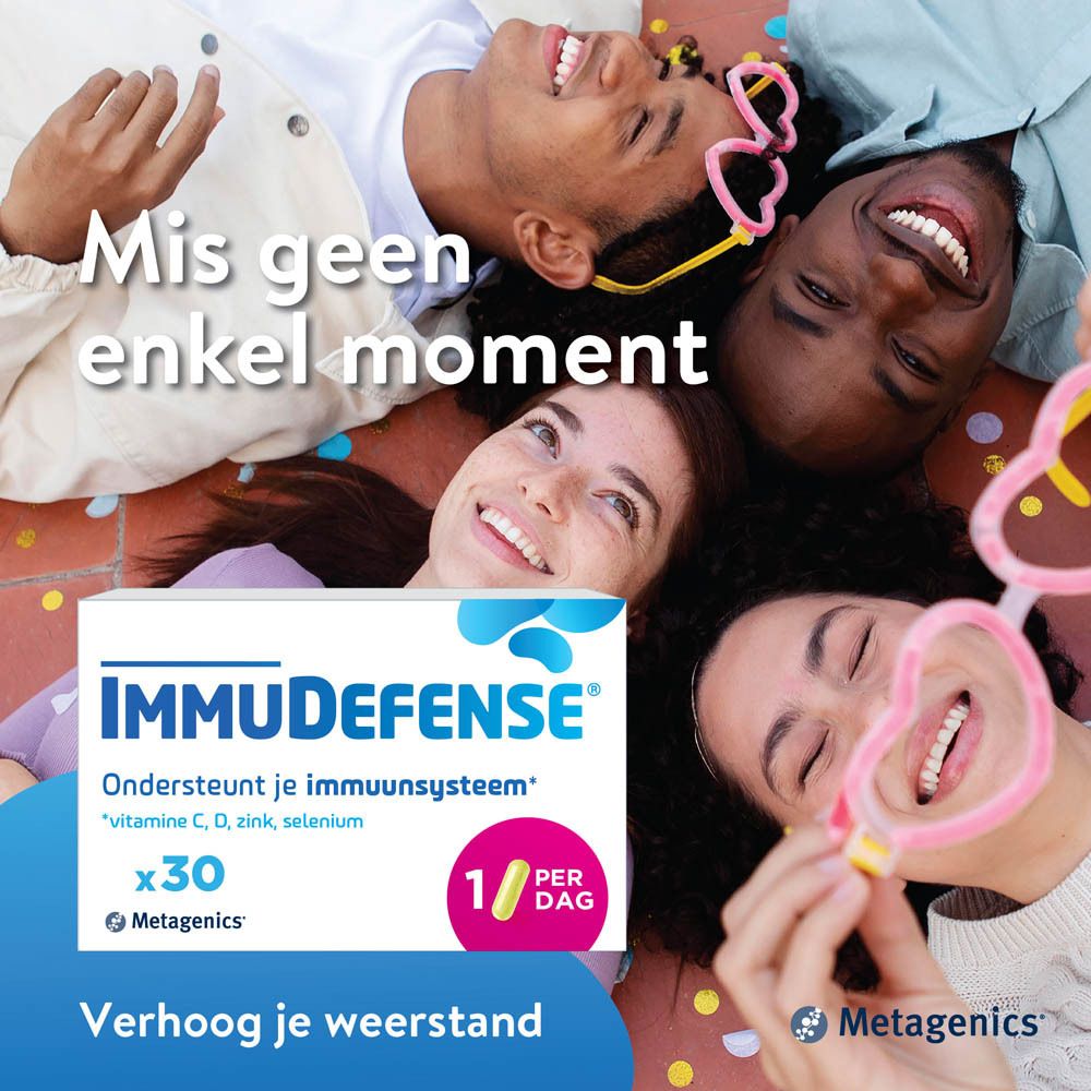 Mensen op de grond. Doos ImmuDefense. 30 capsules. 1 per dag. Metagenics.