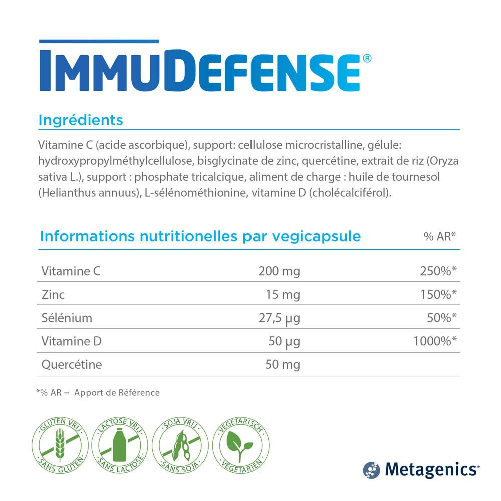 Boîte ImmuDefense. Contient ingrédients et informations nutritionnelles. Metagenics.
