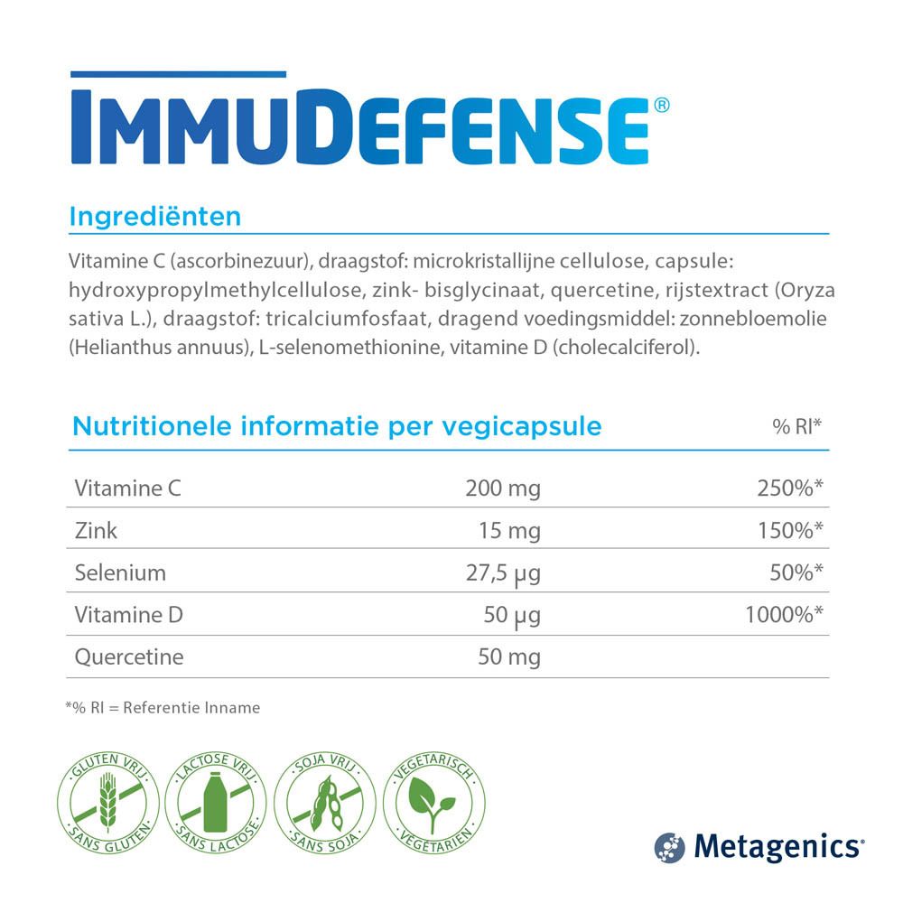 Doos ImmuDefense. Bevat ingrediënten en voedingswaarde. Metagenics.