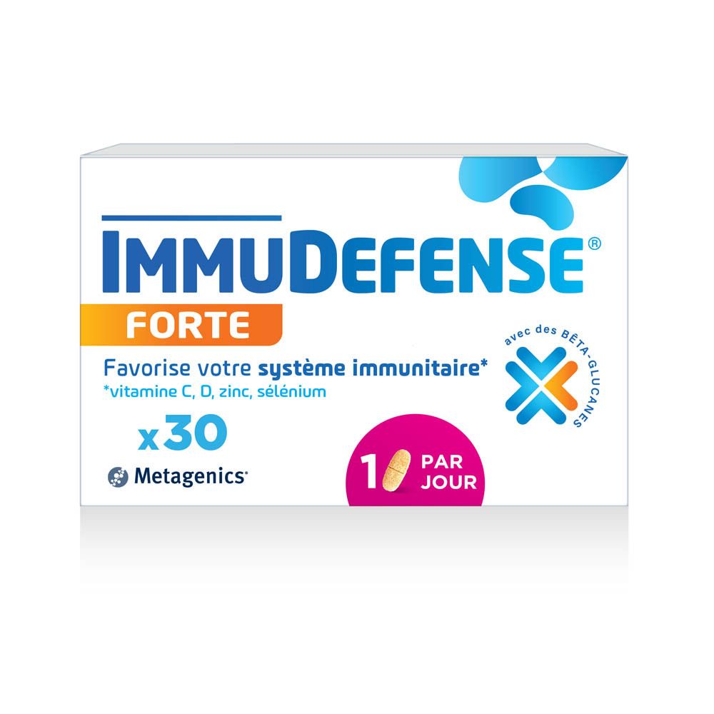 Emballage ImmuDefense Forte. Contient 30 comprimés. Inscription : Favorise le système immunitaire. Contient vitamines C, D, zinc, sélénium.