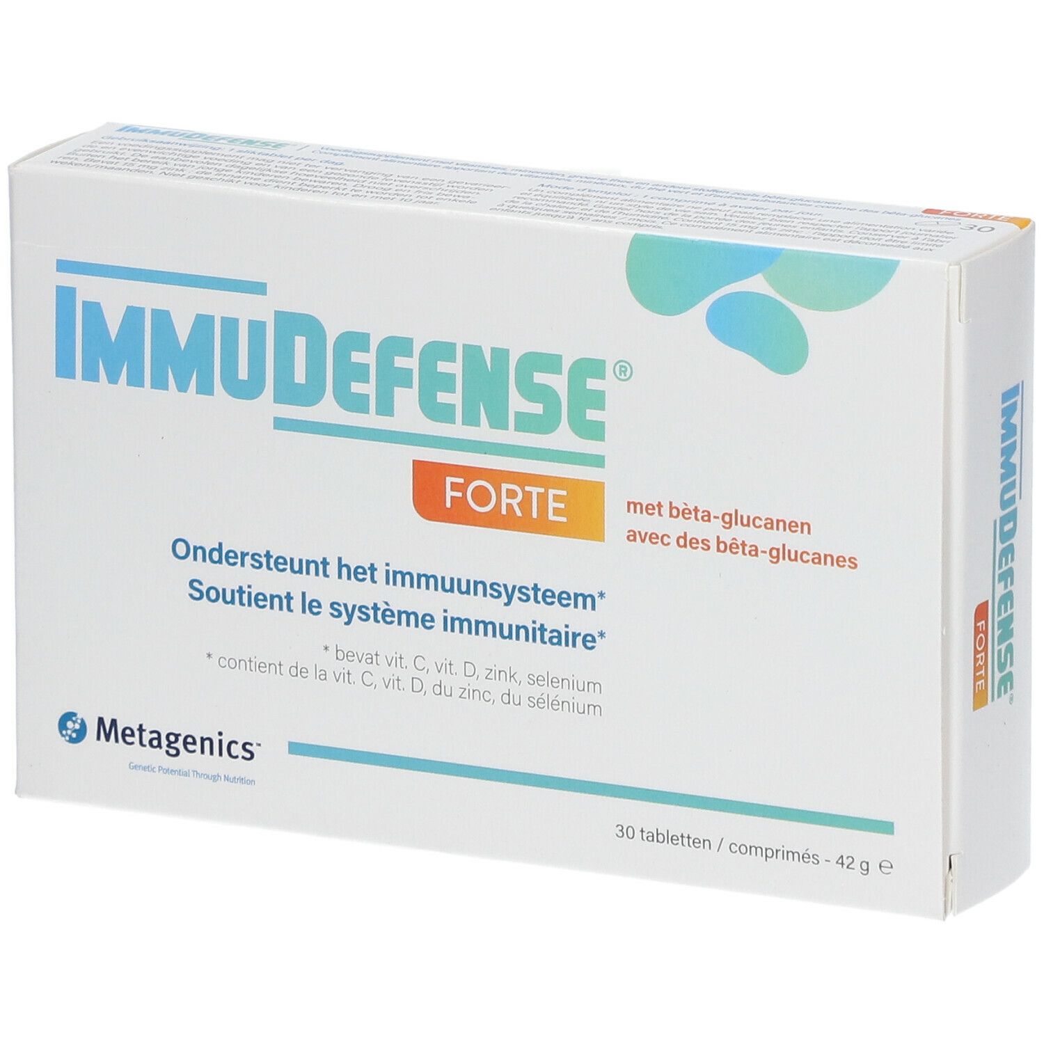 Boîte ImmuDefense Forte. Contient 30 comprimés. Inscription : Soutient le système immunitaire. Contient vitamines et minéraux.