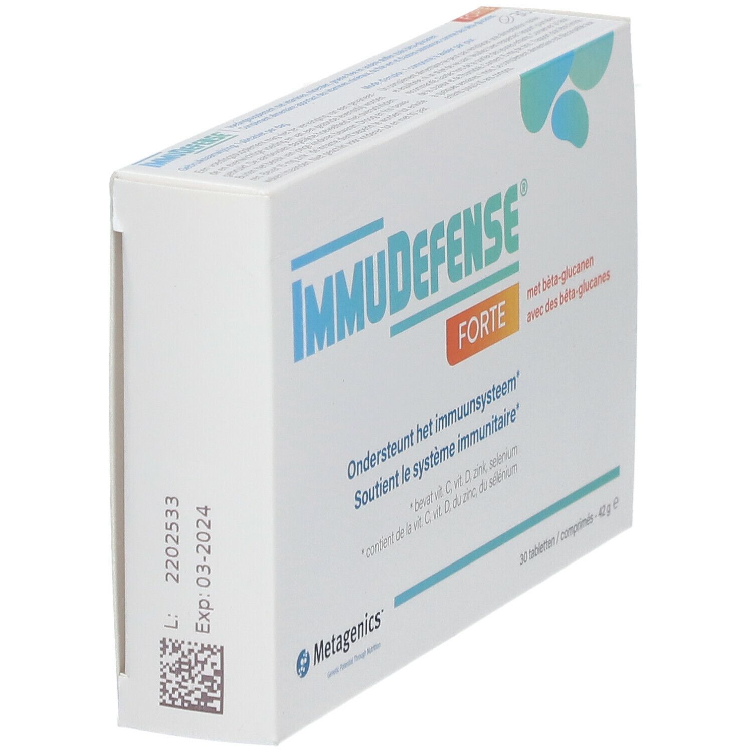 Boîte ImmuDefense Forte. Contient 30 comprimés. Inscription : Soutient le système immunitaire. Contient vitamines et minéraux.
