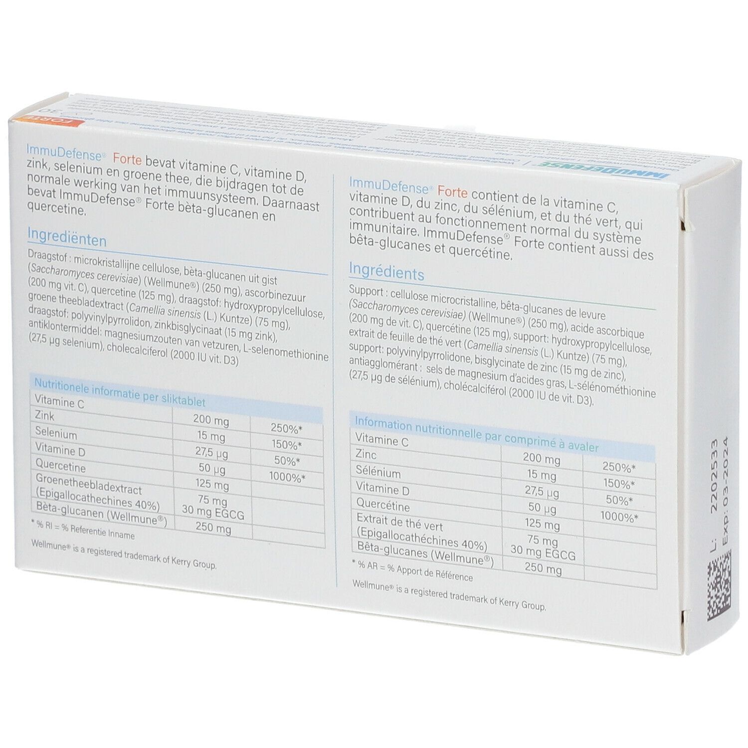 Dos de la boîte ImmuDefense Forte. Contient ingrédients et informations nutritionnelles. Avec vitamines, minéraux et bêta-glucanes.