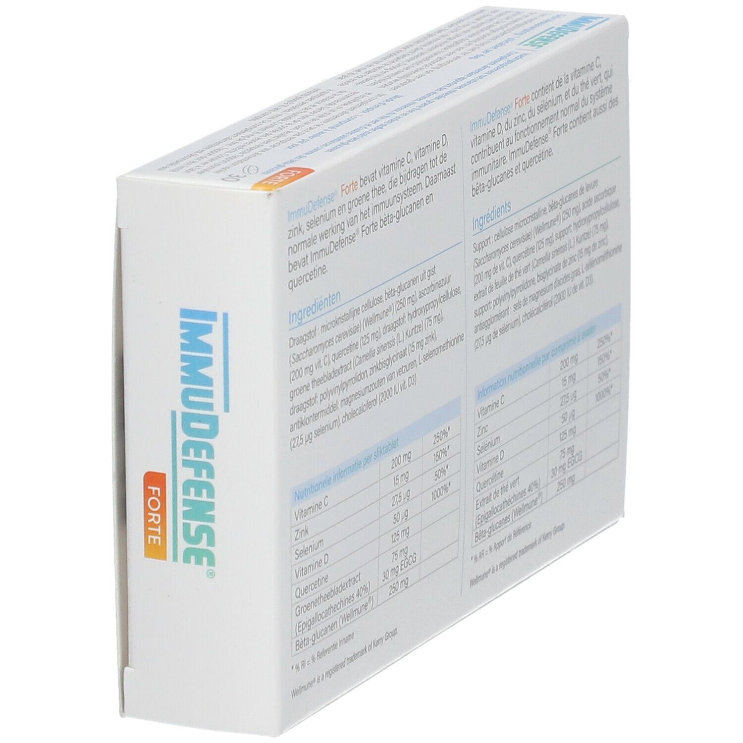 Dos de la boîte ImmuDefense Forte. Contient ingrédients et informations nutritionnelles. Avec vitamines, minéraux et bêta-glucanes.