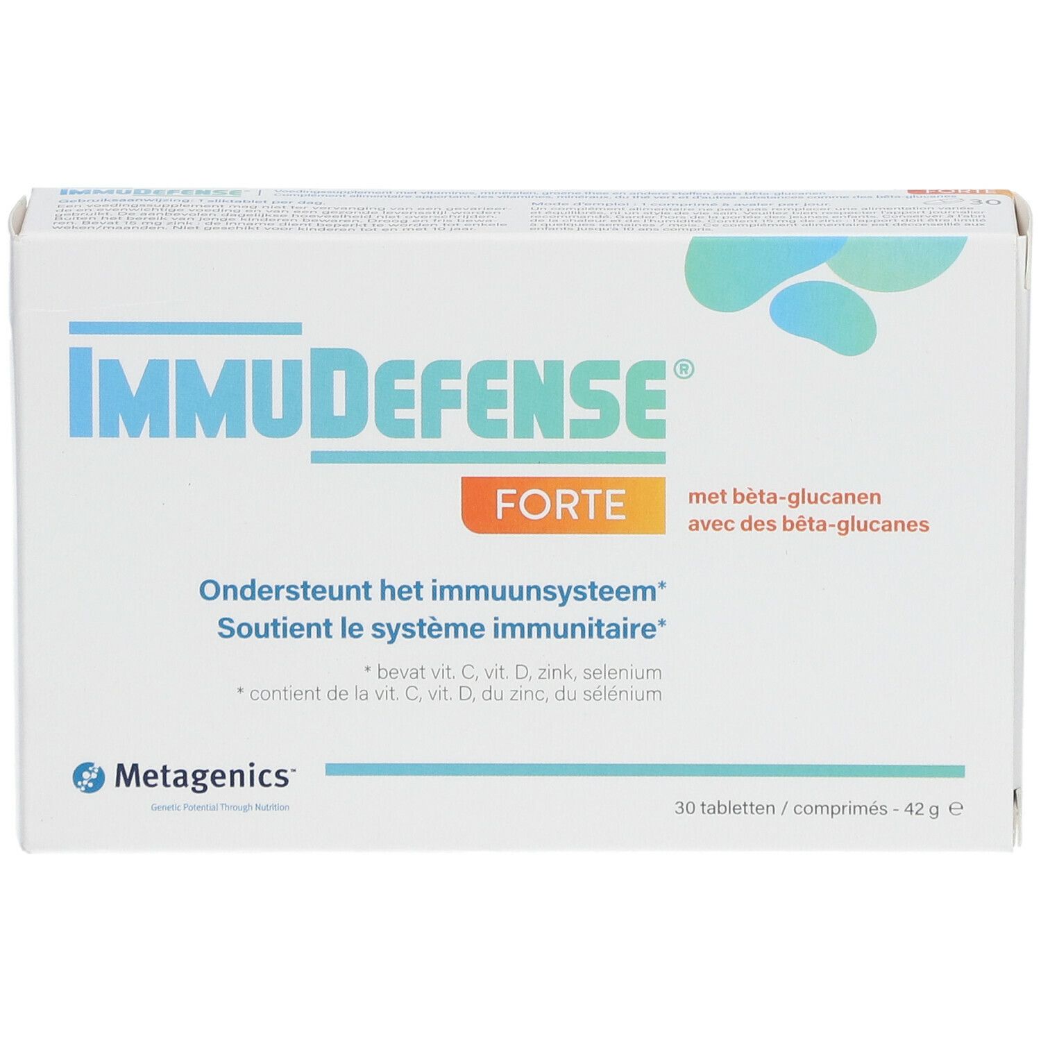 Boîte ImmuDefense Forte. Contient 30 comprimés. Inscription : Soutient le système immunitaire. Contient vitamines et minéraux.